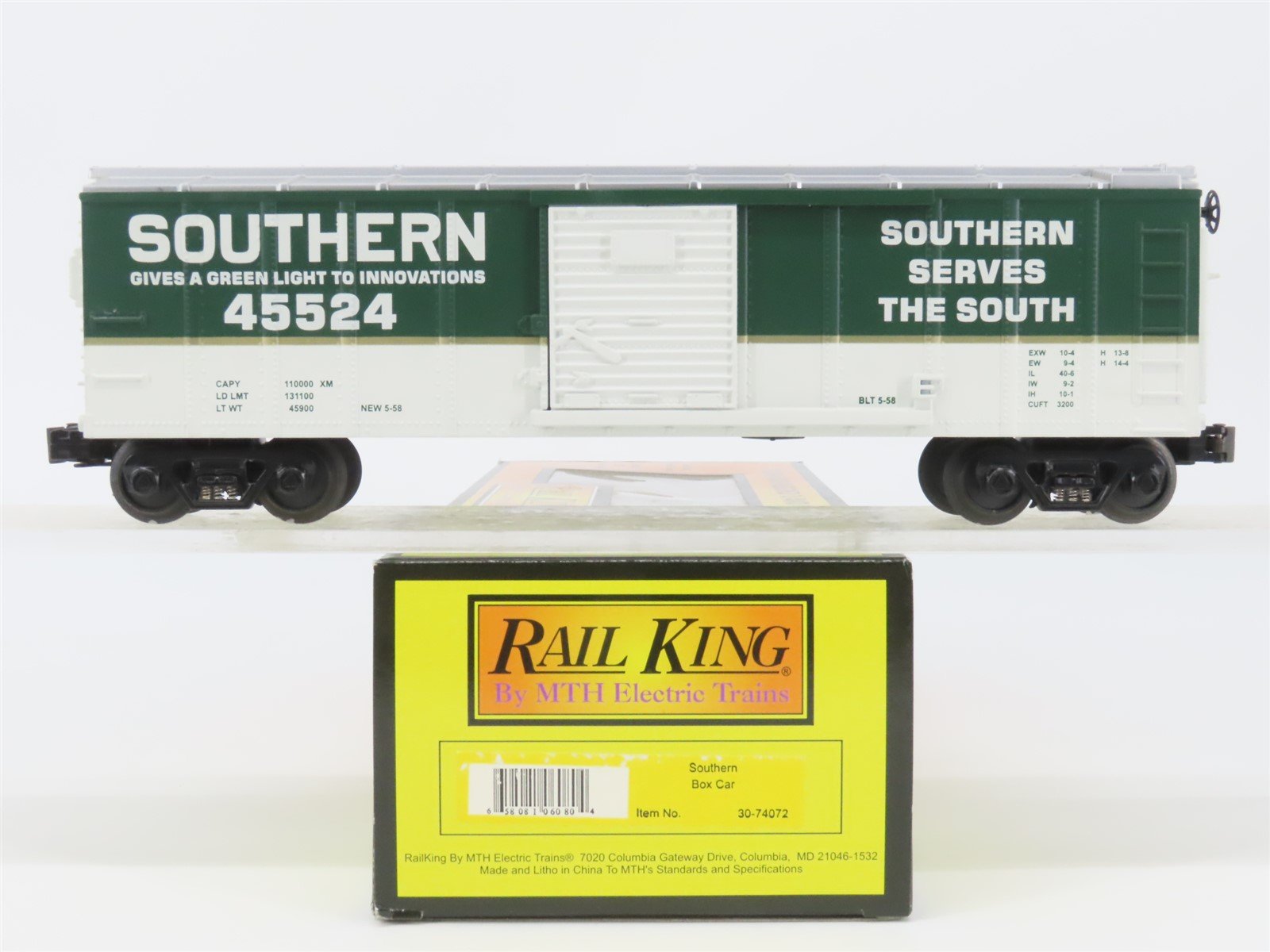 O27 Gauge 3-Rail MTH RailKing 30-74072 SOU Southern "Green Light" Box Car #45524