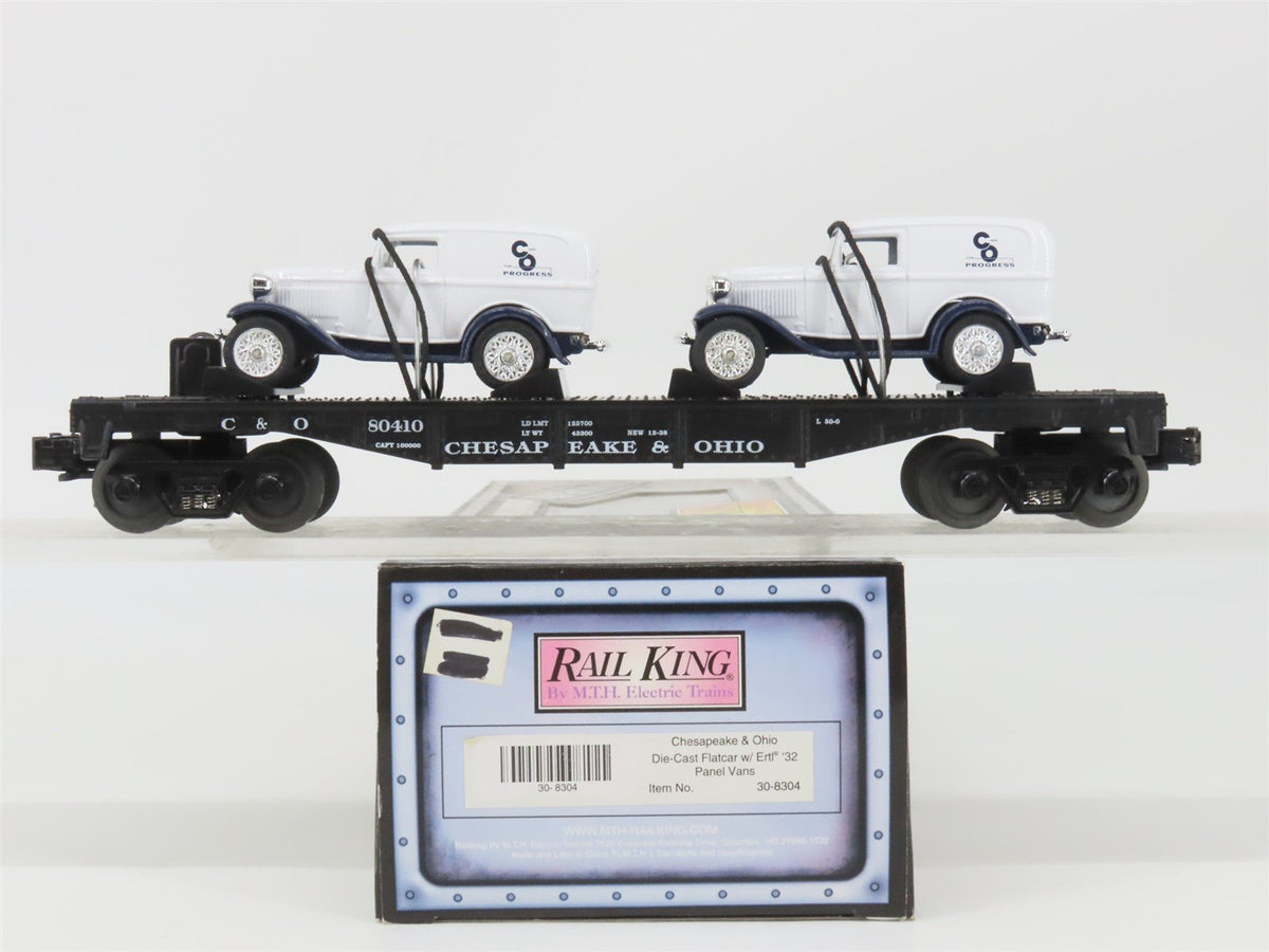 O27 Gauge 3-Rail MTH RailKing 30-8304 C&amp;O Flat Car #w/ 2 Ertl Panel Vans