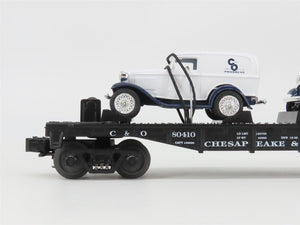 O27 Gauge 3-Rail MTH RailKing 30-8304 C&O Flat Car #w/ 2 Ertl Panel Vans