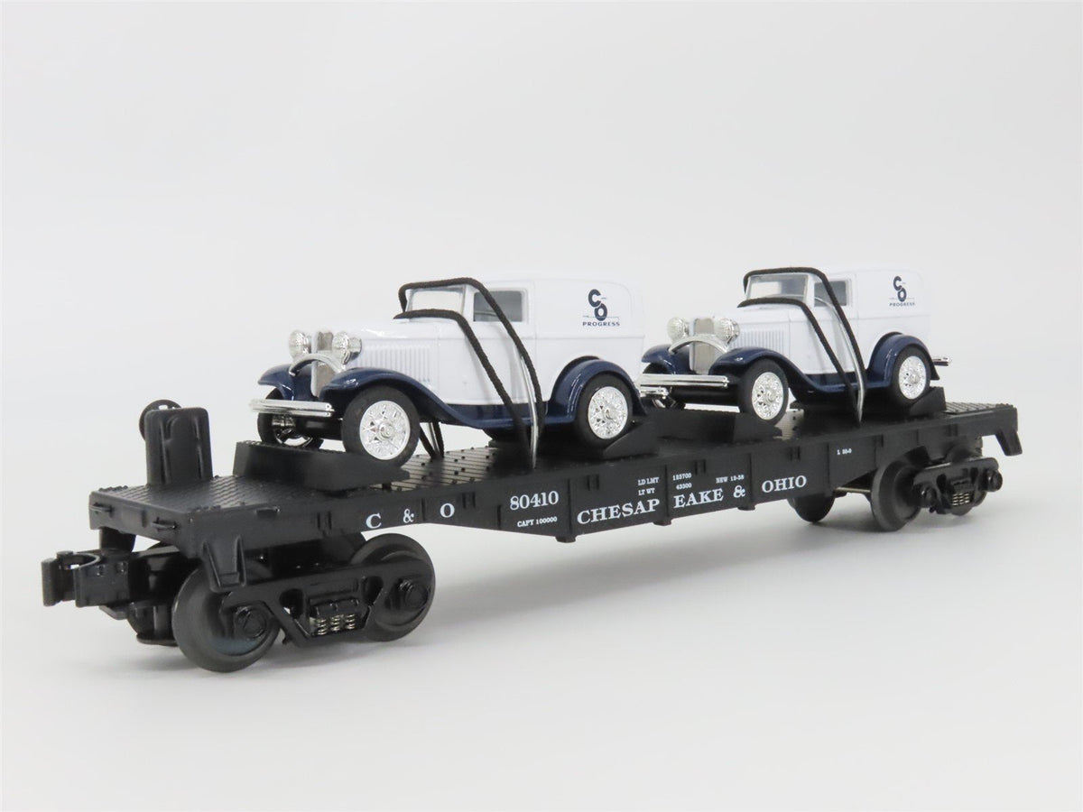 O27 Gauge 3-Rail MTH RailKing 30-8304 C&amp;O Flat Car #w/ 2 Ertl Panel Vans