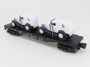 O27 Gauge 3-Rail MTH RailKing 30-8304 C&O Flat Car #w/ 2 Ertl Panel Vans