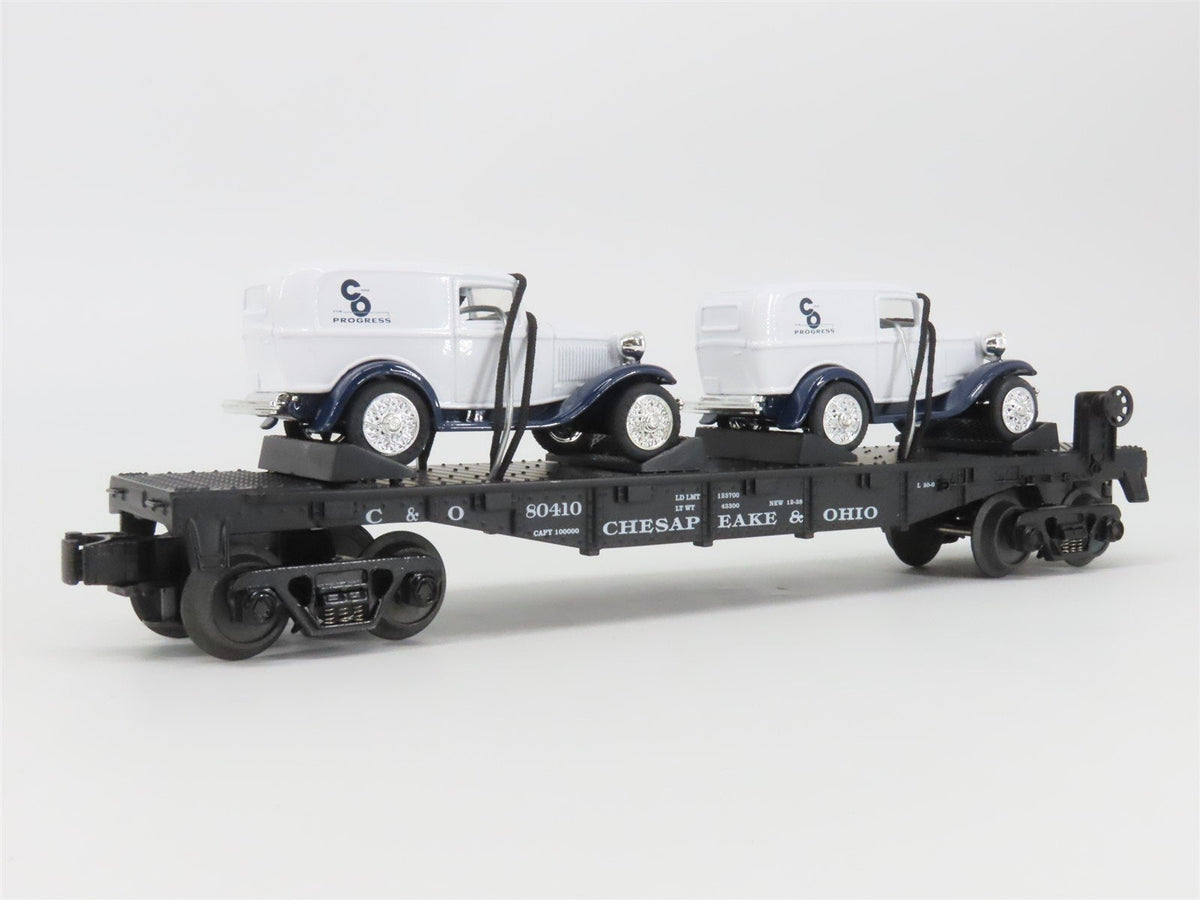 O27 Gauge 3-Rail MTH RailKing 30-8304 C&amp;O Flat Car #w/ 2 Ertl Panel Vans