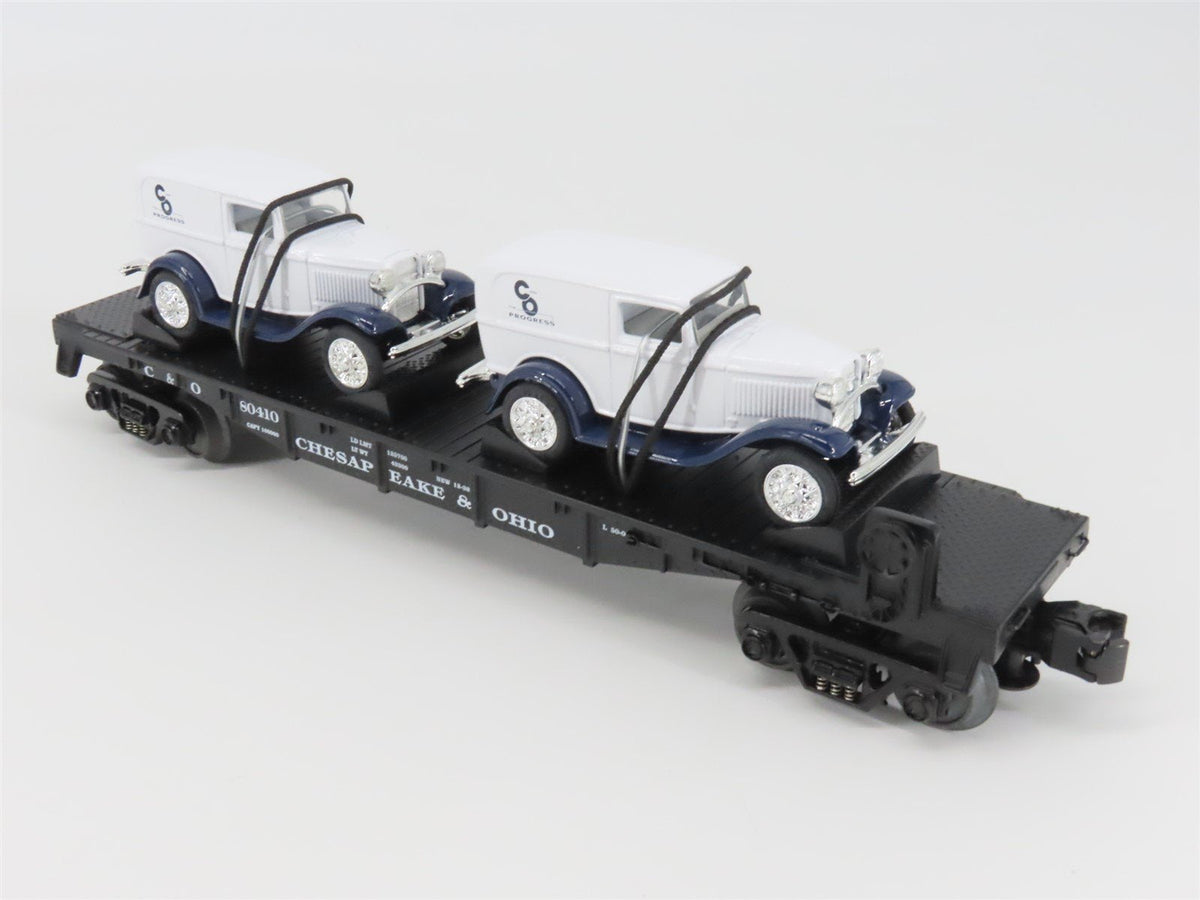 O27 Gauge 3-Rail MTH RailKing 30-8304 C&amp;O Flat Car #w/ 2 Ertl Panel Vans