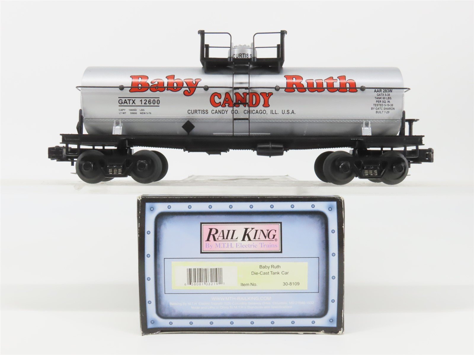 O27 Gauge 3-Rail MTH RailKing 30-8109 GATX Baby Ruth Single Dome Tank Car #12600