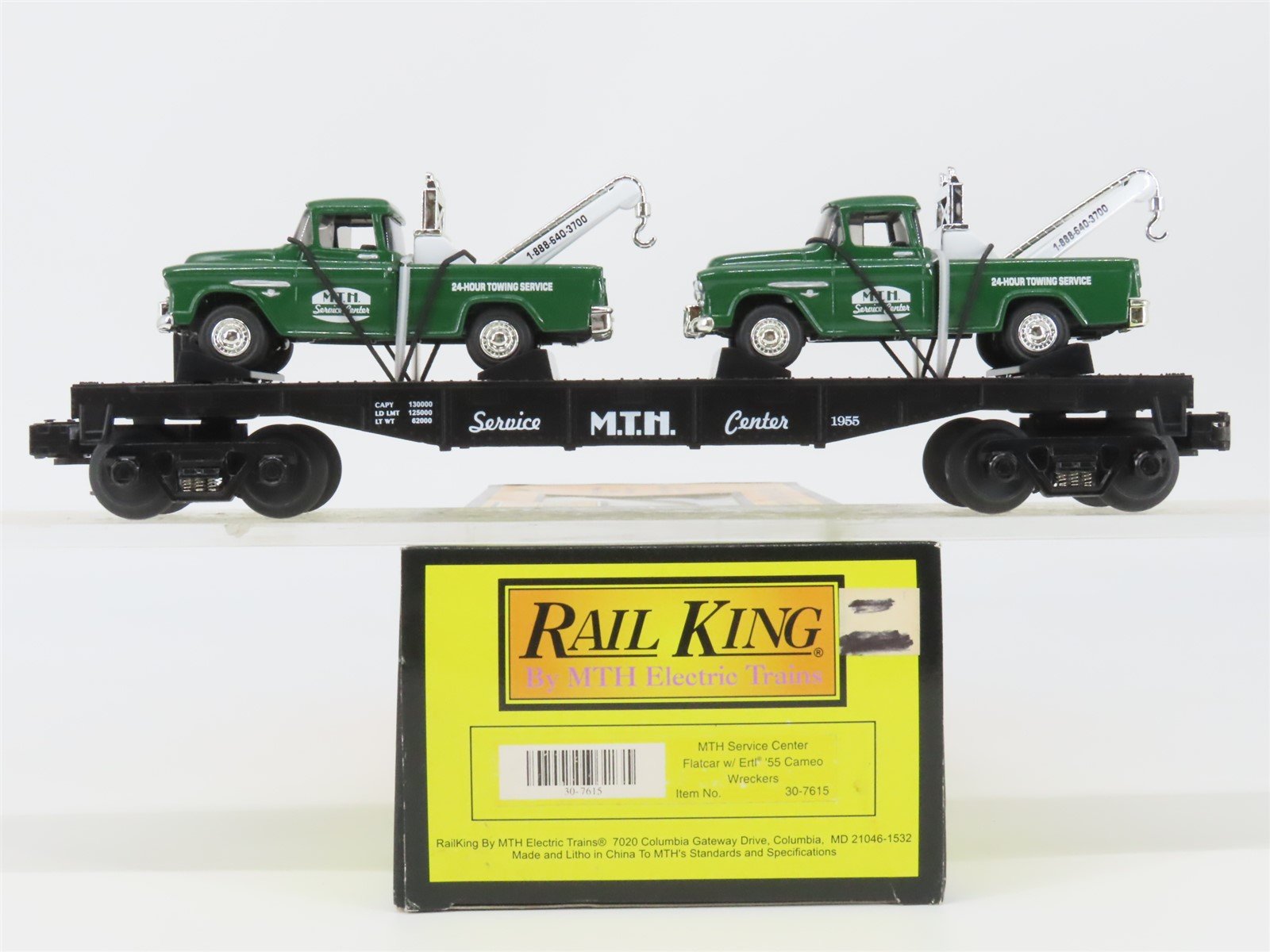 O27 Gauge 3-Rail MTH RailKing 30-7615 Service Center Flat Car w/ Cameo Wreckers