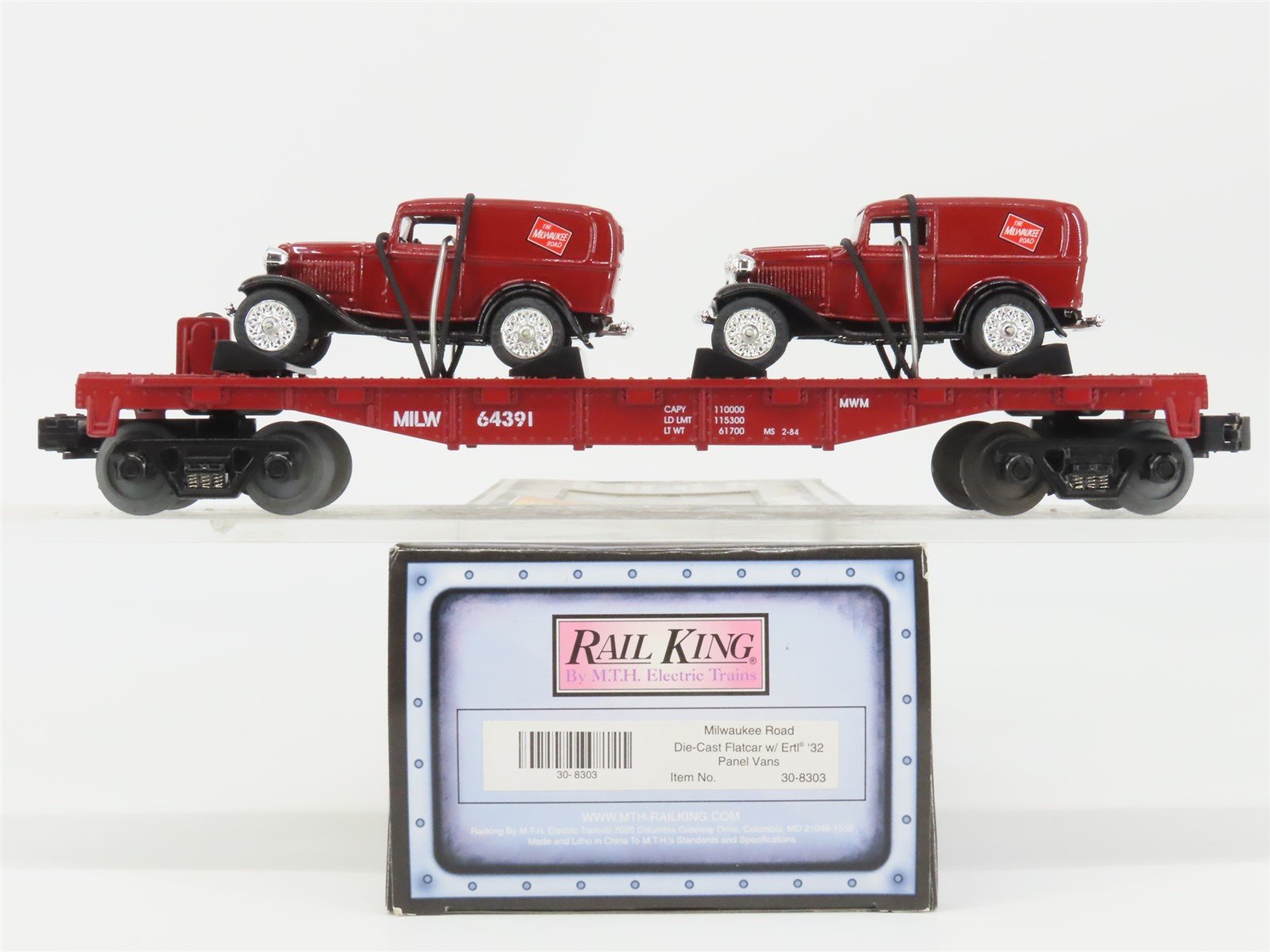 O27 Gauge 3-Rail MTH RailKing 30-8303 MILW Flat Car #64391 w/Ertl '32 Panel Vans