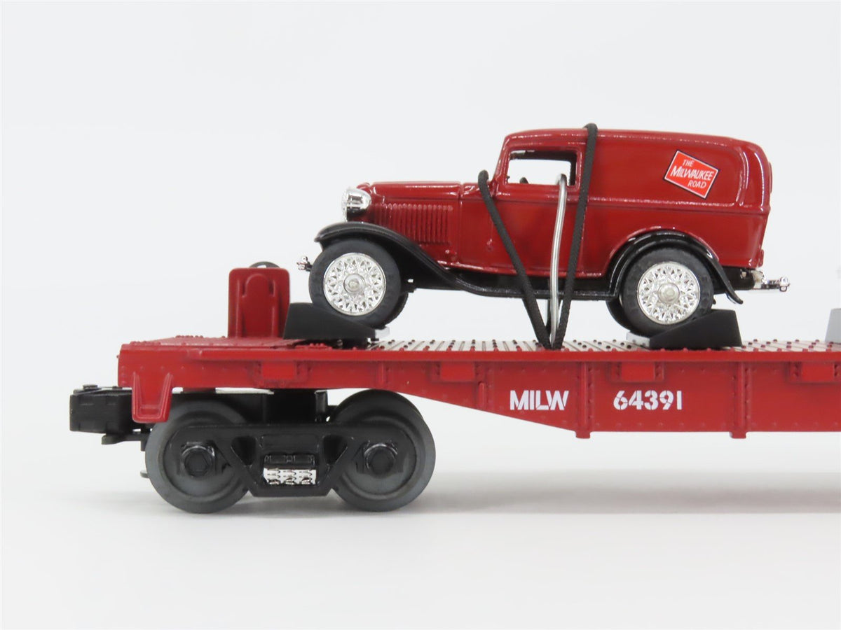 O27 Gauge 3-Rail MTH RailKing 30-8303 MILW Flat Car #64391 w/Ertl &#39;32 Panel Vans