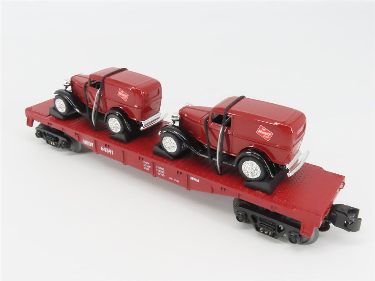 O27 Gauge 3-Rail MTH RailKing 30-8303 MILW Flat Car #64391 w/Ertl &#39;32 Panel Vans