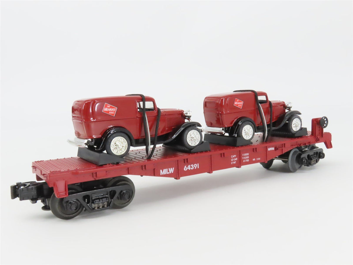 O27 Gauge 3-Rail MTH RailKing 30-8303 MILW Flat Car #64391 w/Ertl &#39;32 Panel Vans