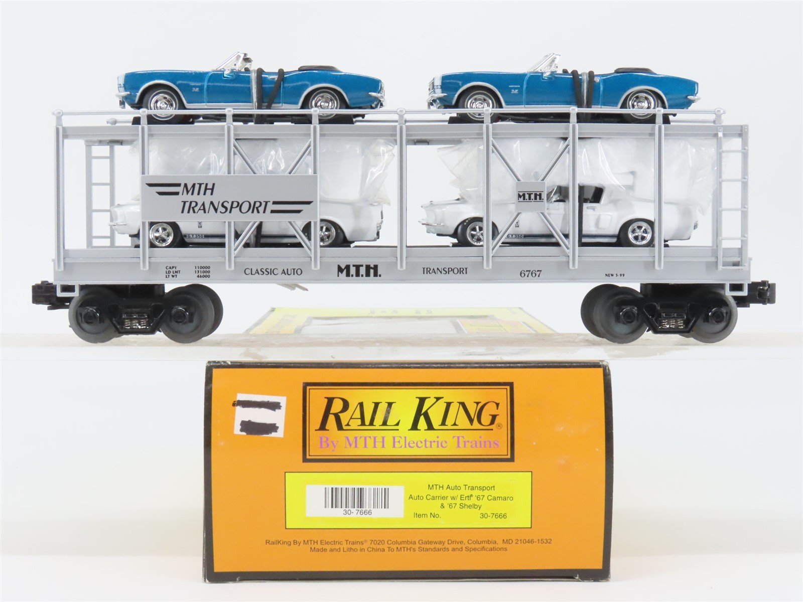 O27 Gauge 3-Rail MTH RailKing 30-7666 Auto Carrier w/ Ertl '67 Camaro & Shelby