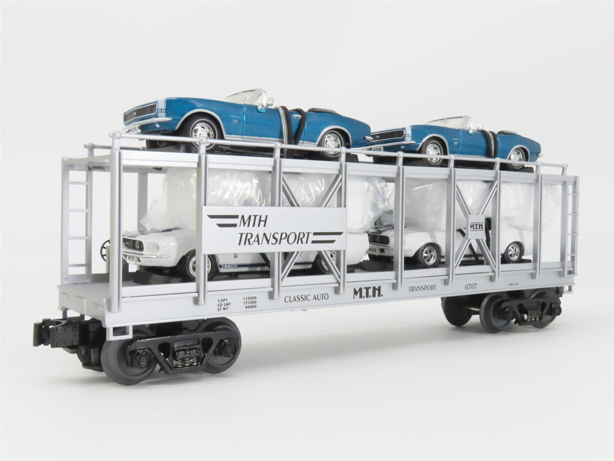 O27 Gauge 3-Rail MTH RailKing 30-7666 Auto Carrier w/ Ertl &#39;67 Camaro &amp; Shelby