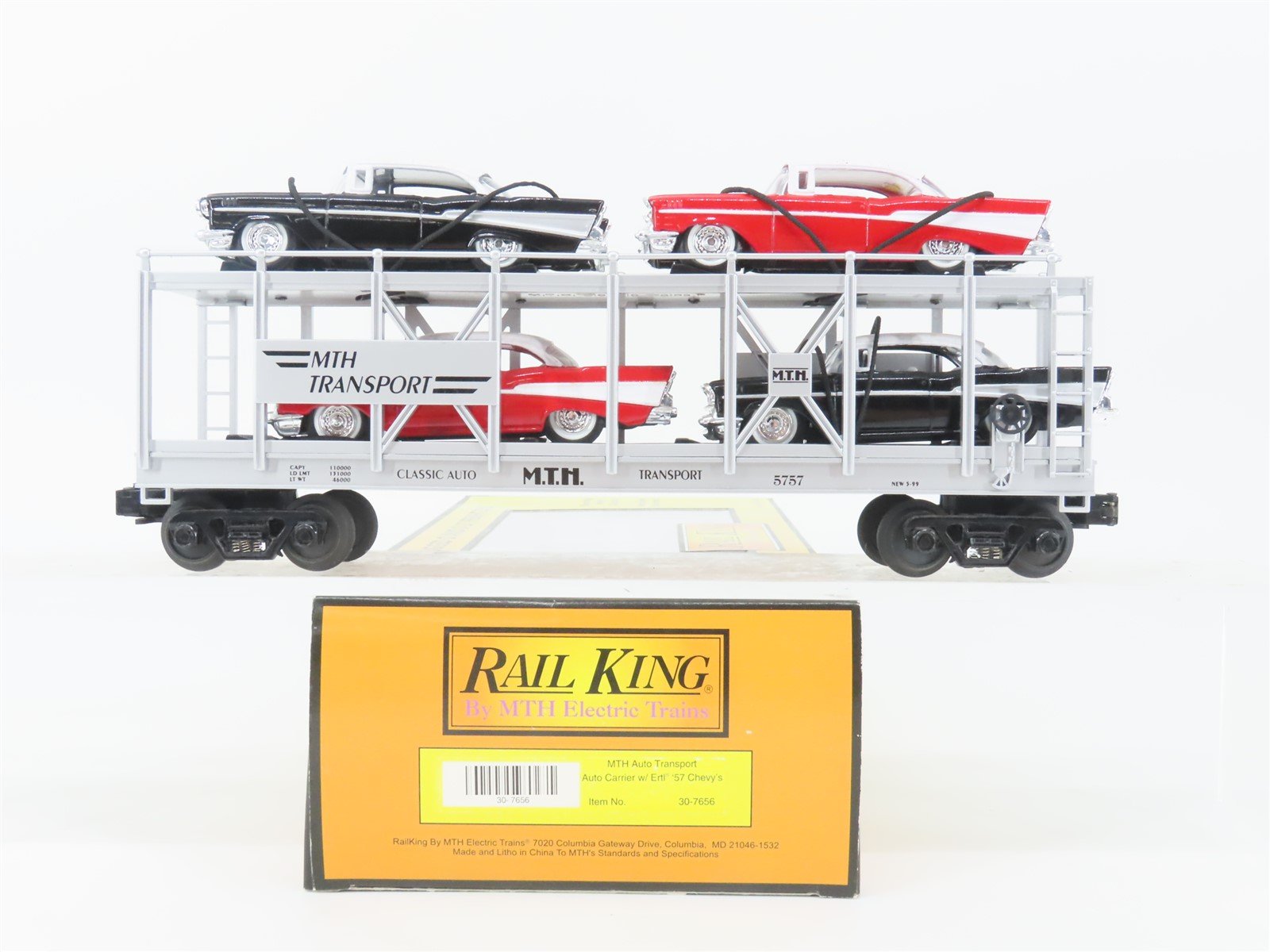O Gauge 3-Rail MTH Rail King 30-7656 Transport Auto Carrier #5757 w/ '57 Chevys