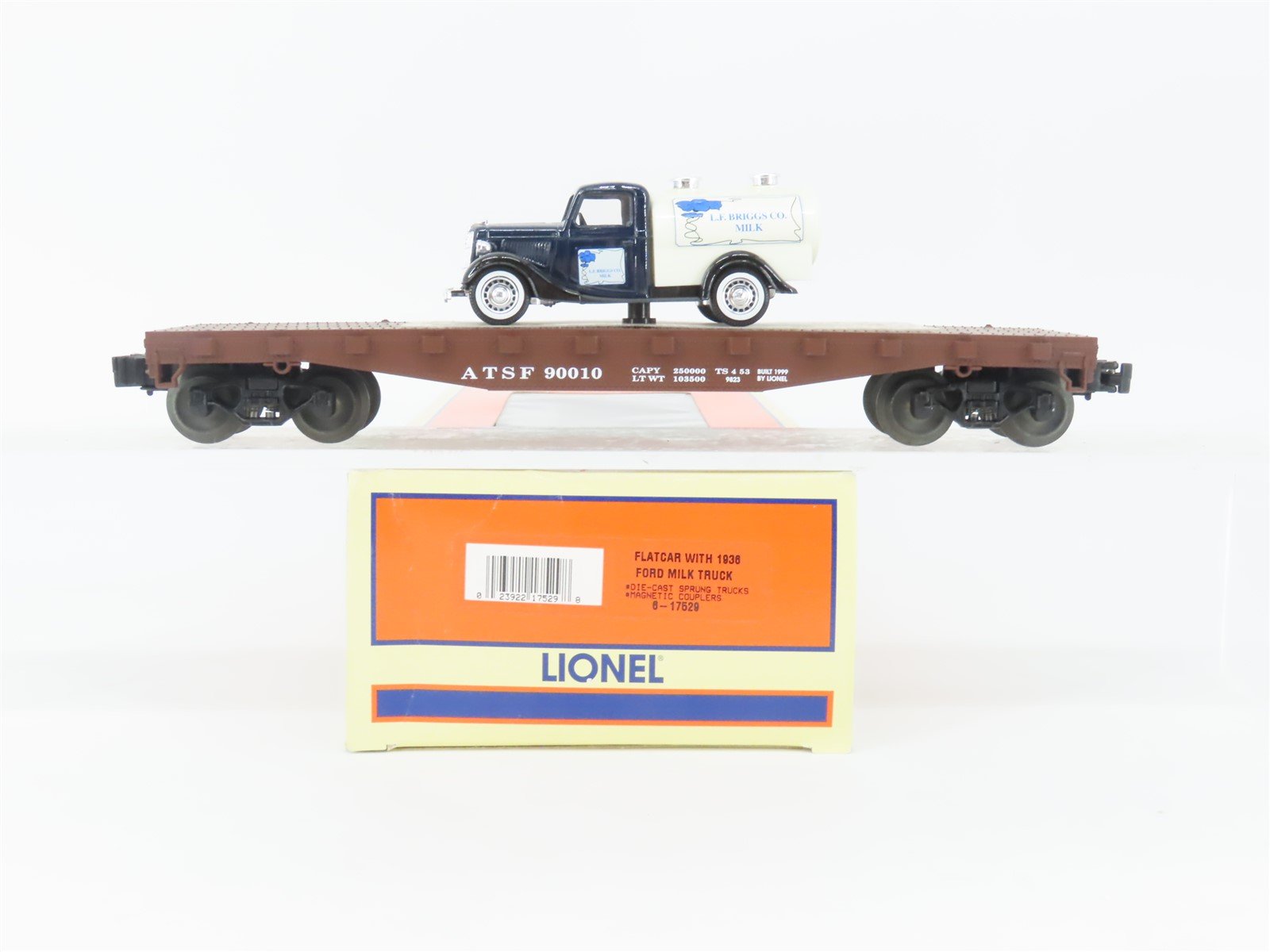 O Gauge 3-Rail Lionel 6-17529 ATSF Santa Fe Flat Car #90010 w/ Ford Milk Truck
