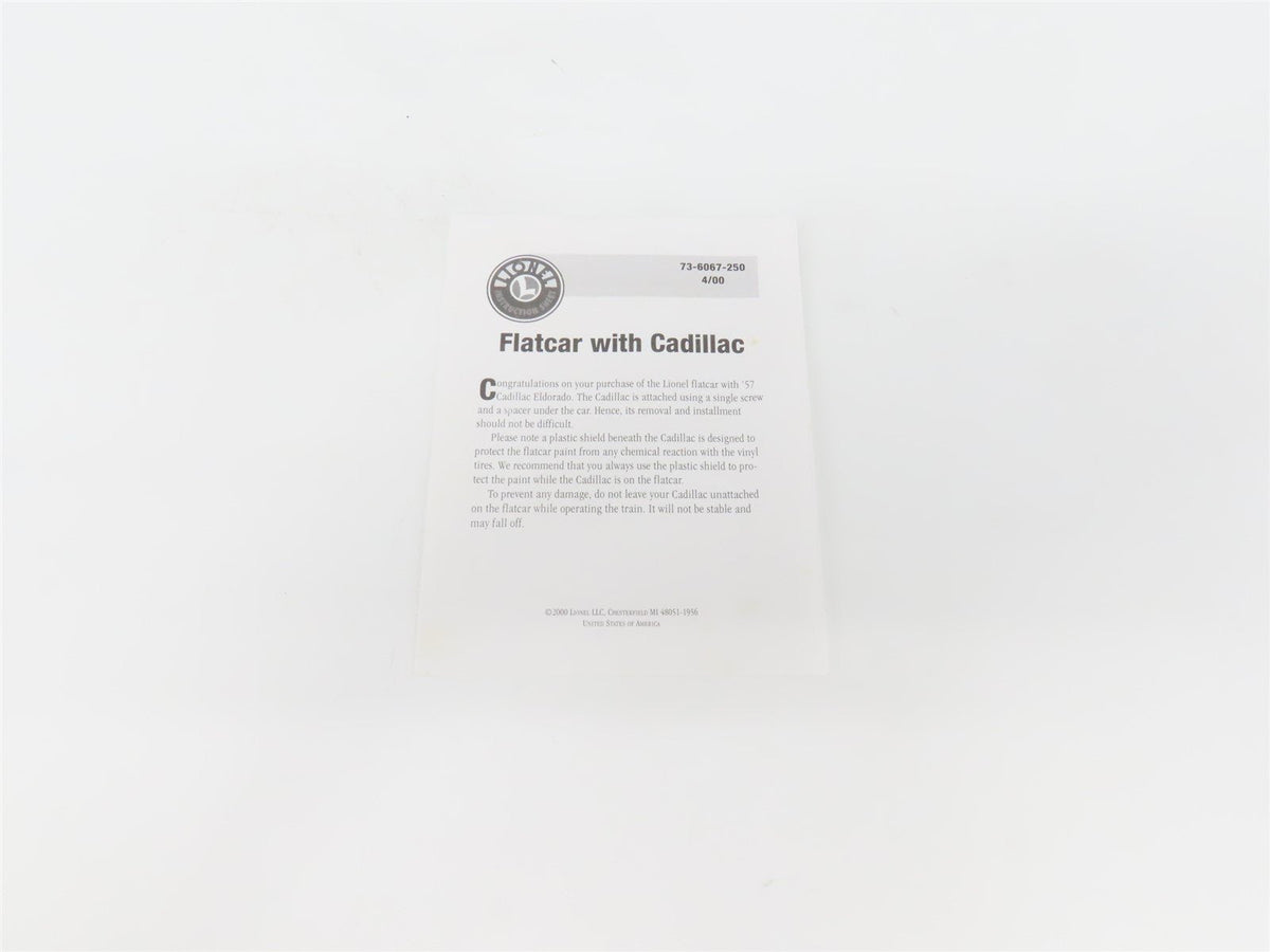 O Gauge 3-Rail Lionel 6-36067 King Auto Sales Flat Car #6424 w/ Cadillac