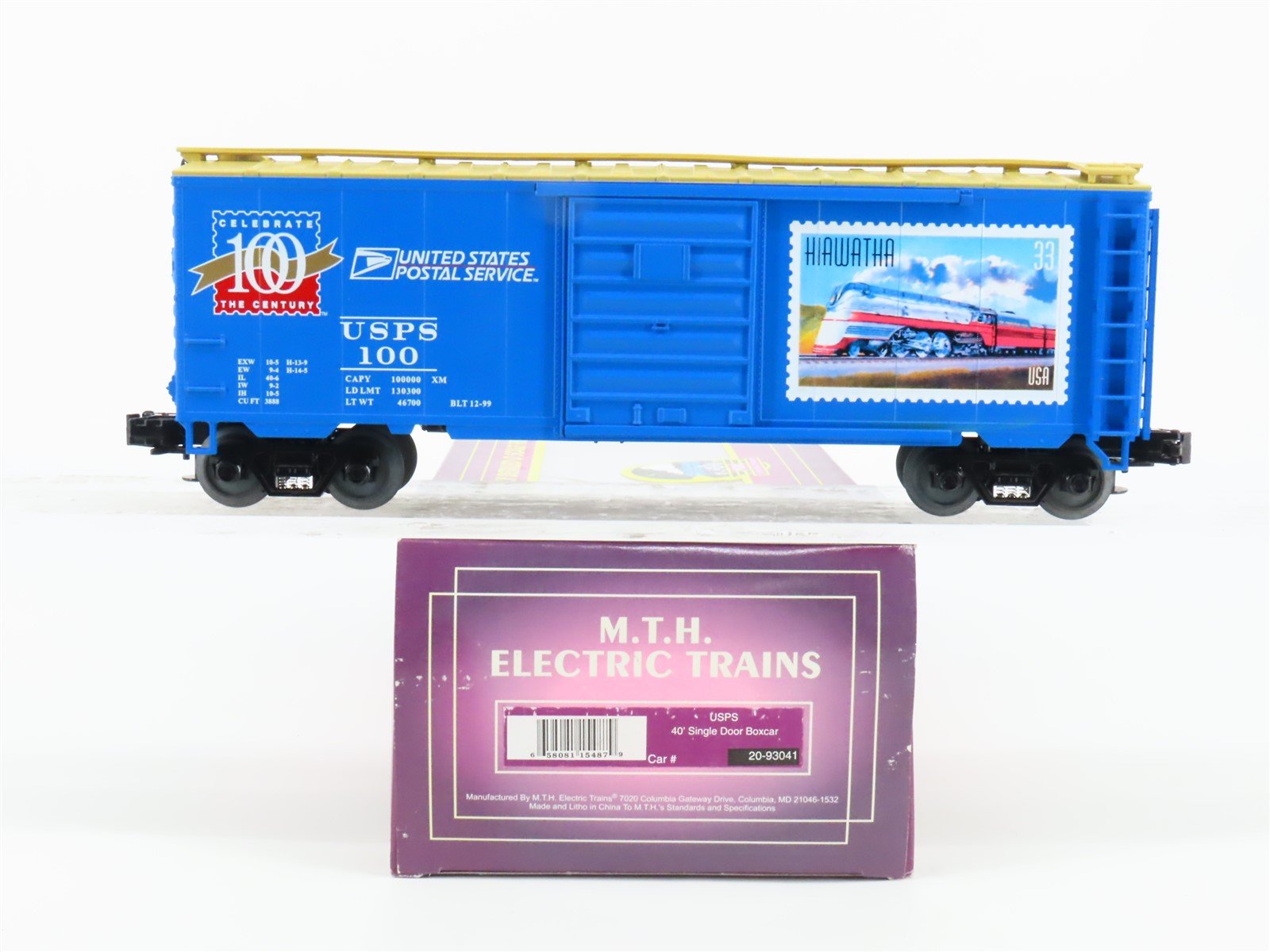 O Gauge 3-Rail MTH 20-93041 USPS "Hiawatha" Stamp 40' Single Door Boxcar 100