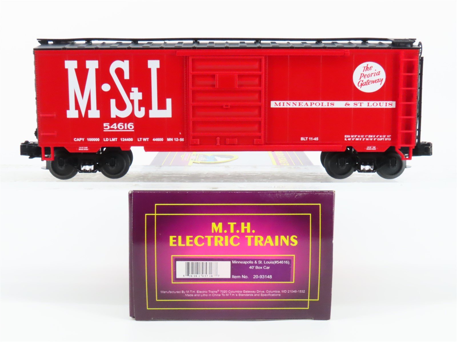 O Gauge 3-Rail MTH 20-93148 M&StL Minneapolis & St. Louis 40' Box Car #54616