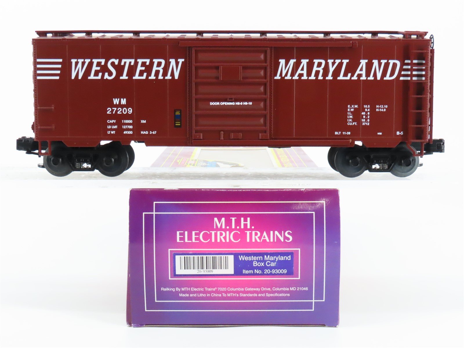 O Gauge 3-Rail MTH 20-93009 WM Western Maryland Single Door Box Car 27209
