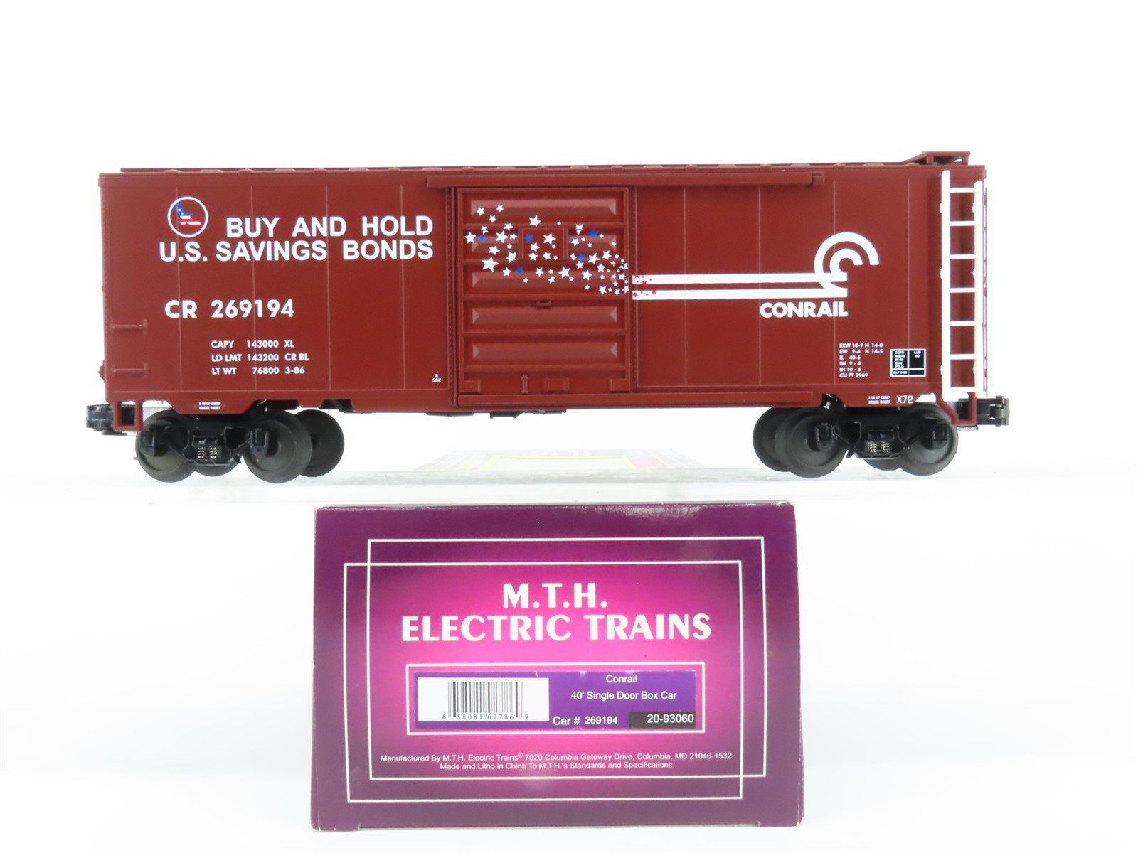 O Gauge 3-Rail MTH 20-93060 CR Conrail US Savings Bonds 40' Box Car #269194