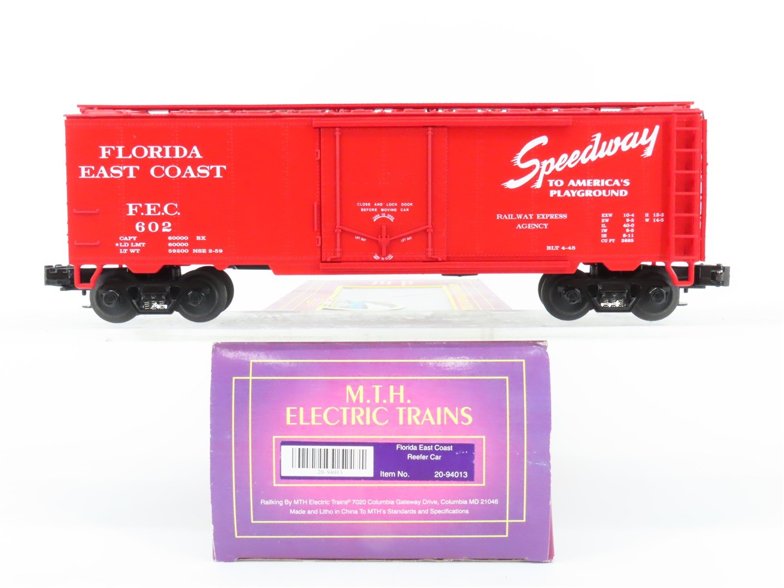O Gauge 3-Rail MTH 20-94013 FEC Florida East Coast Speedway Reefer #602