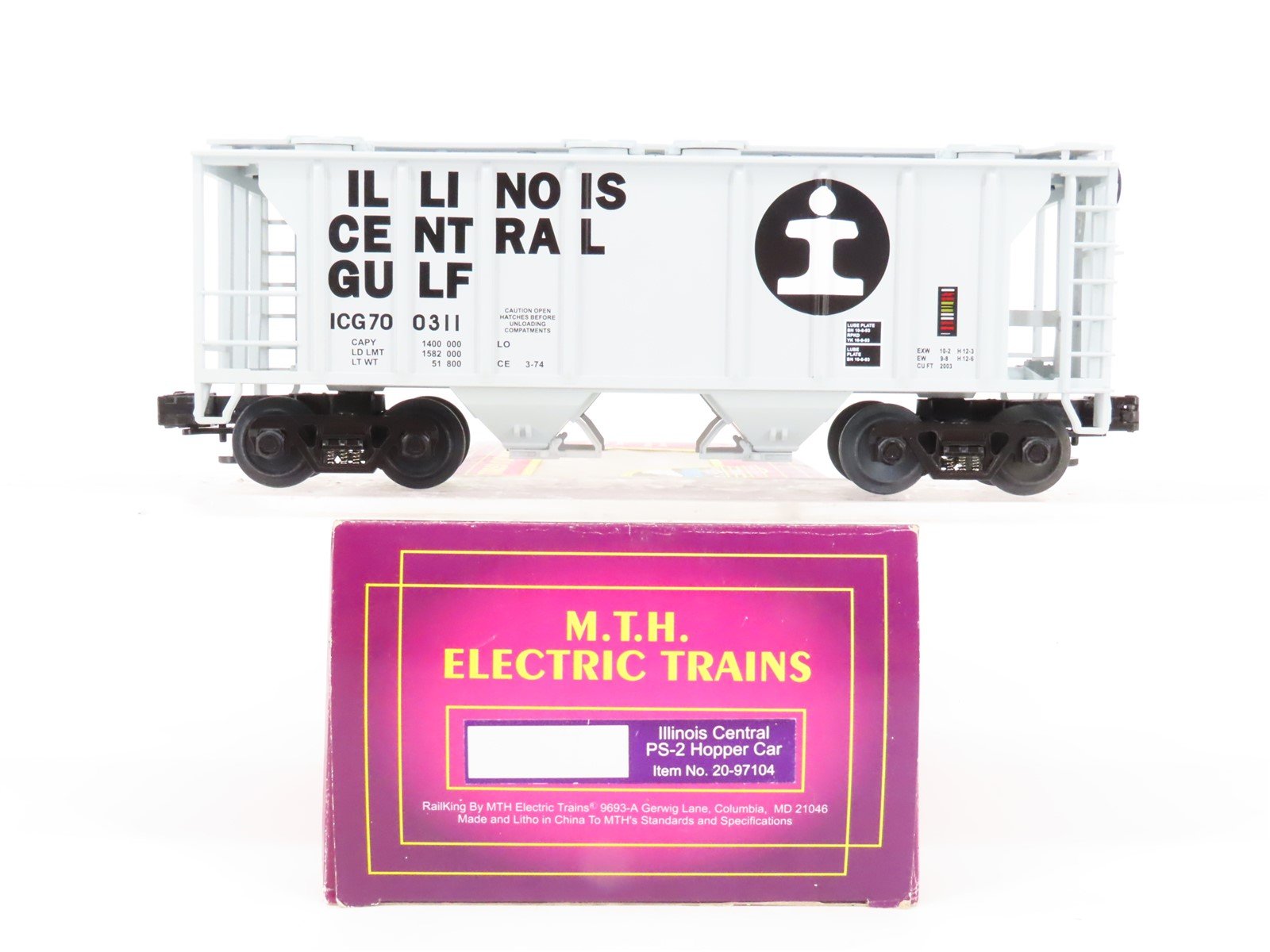 O Gauge 3-Rail MTH 20-97104 ICG Illinois Central Gulf 2-Bay Hopper #700311