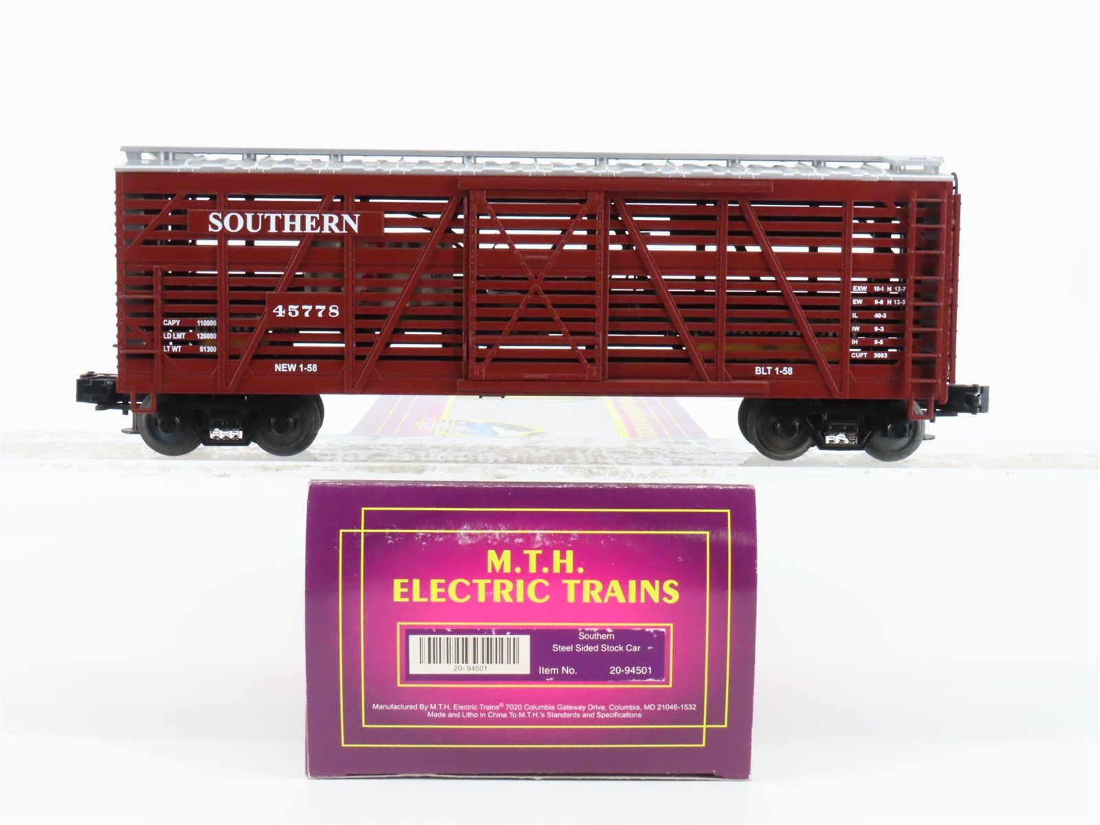 O Gauge 3-Rail MTH 20-94501 SOU Southern Steel Sided Stock Car #45778 w/ Sound