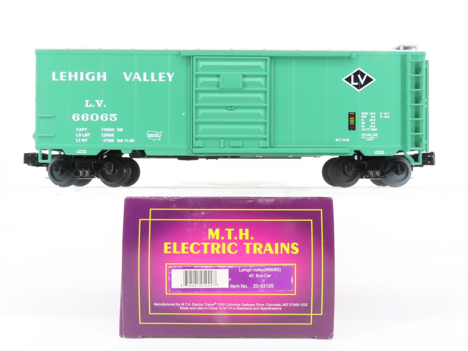 O Gauge 3-Rail MTH 20-93120 LV Lehigh Valley 40' Single Door Box Car #66065
