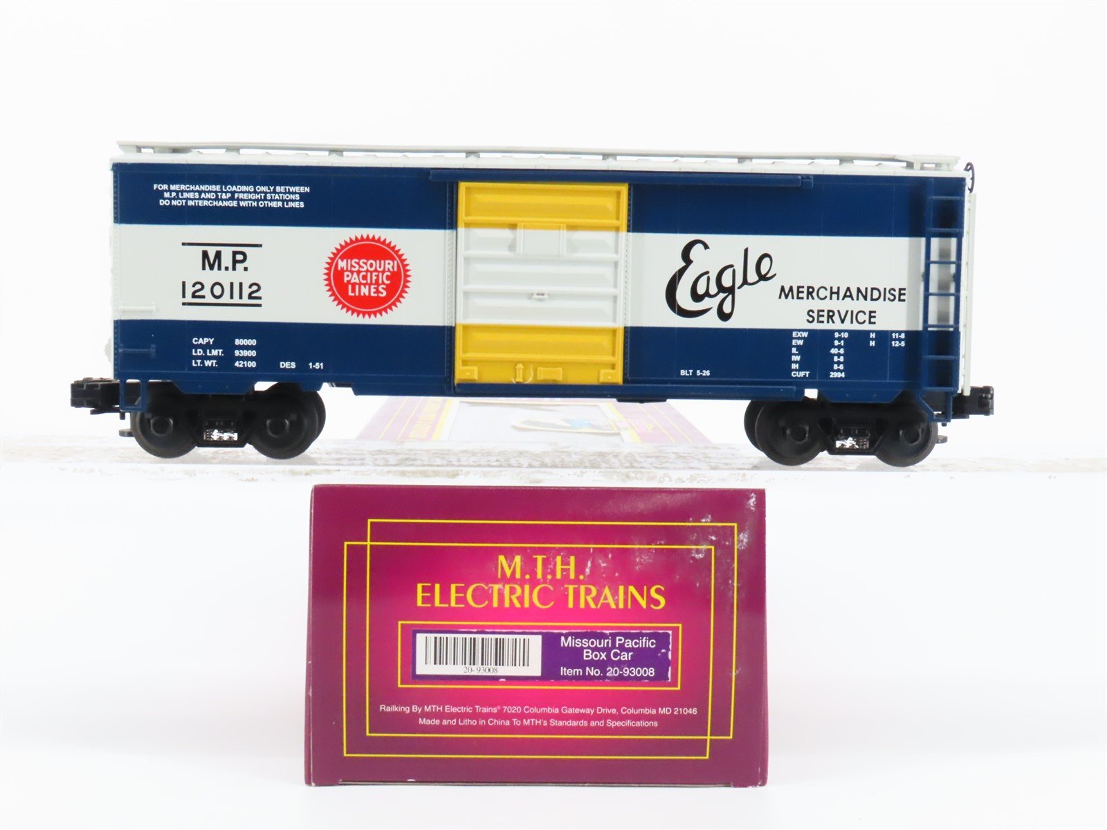 O Gauge 3-Rail MTH 20-93008 MP Missouri Pacific Eagle Box Car #120112