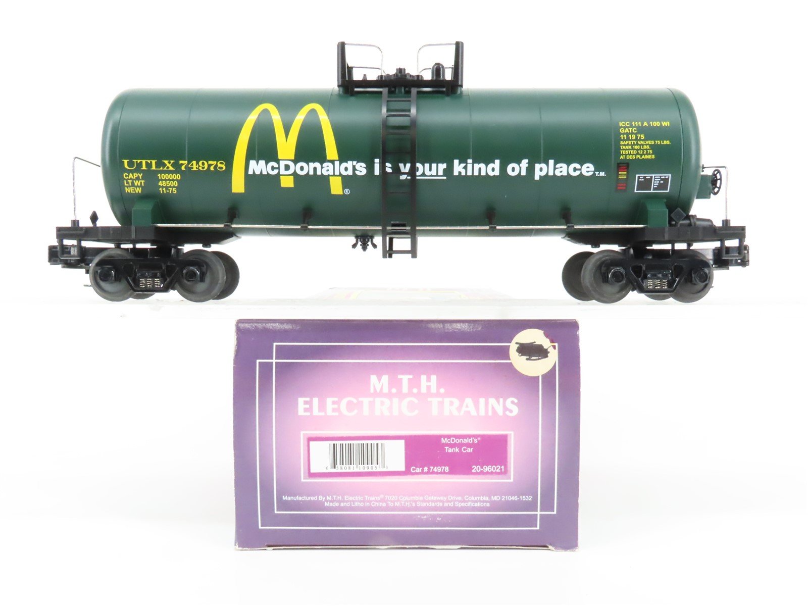 O Gauge 3-Rail MTH 20-96021 UTLX McDonald's Tank Car #74978