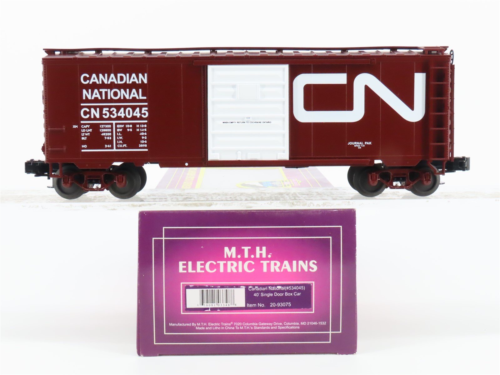 O Gauge 3-Rail MTH 20-93075 CN Canadian National 40' Single Door Box Car #534045
