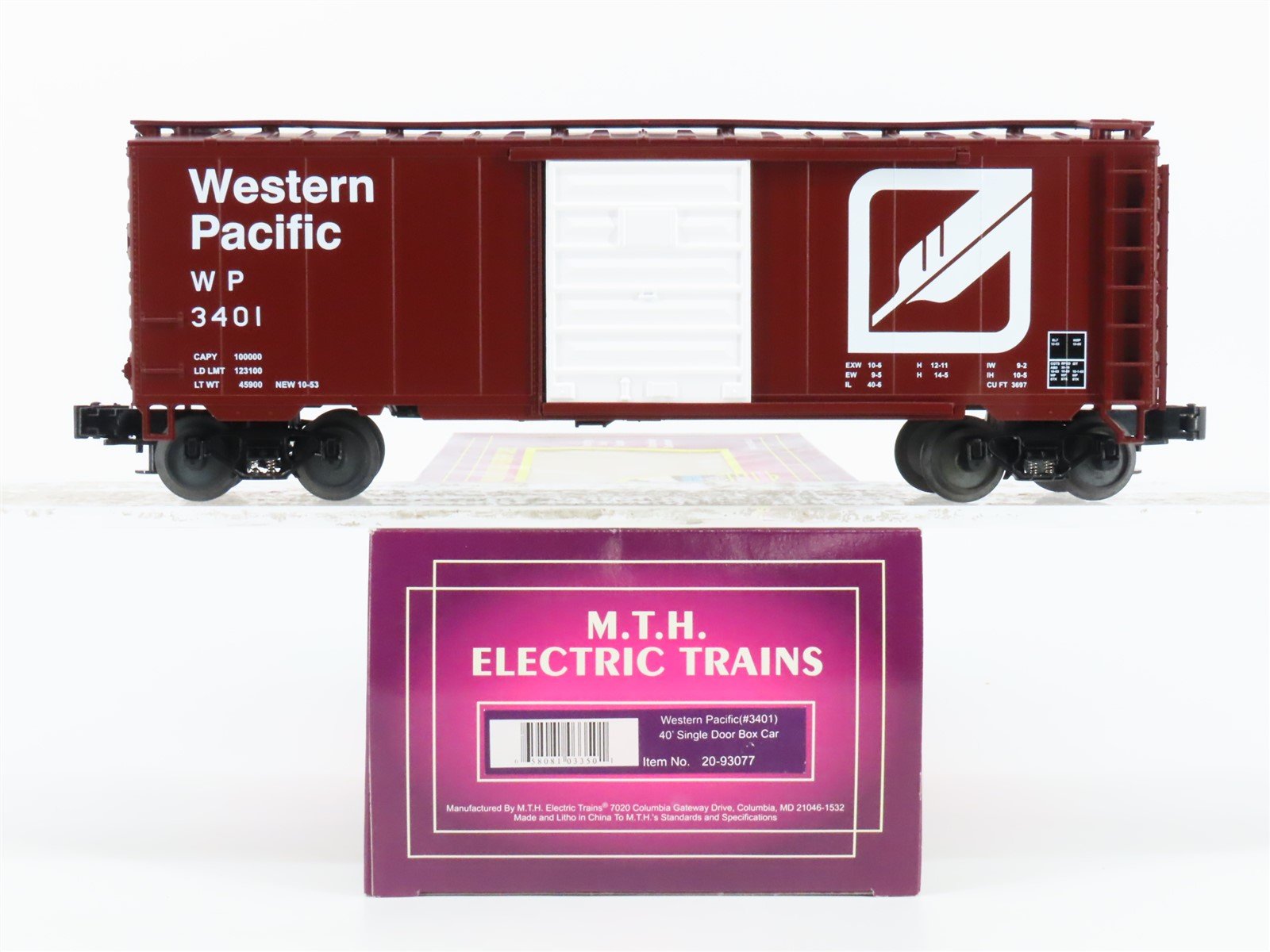 O Gauge 3-Rail MTH 20-93077 WP Western Pacific "Feather" 40' Box Car #3401