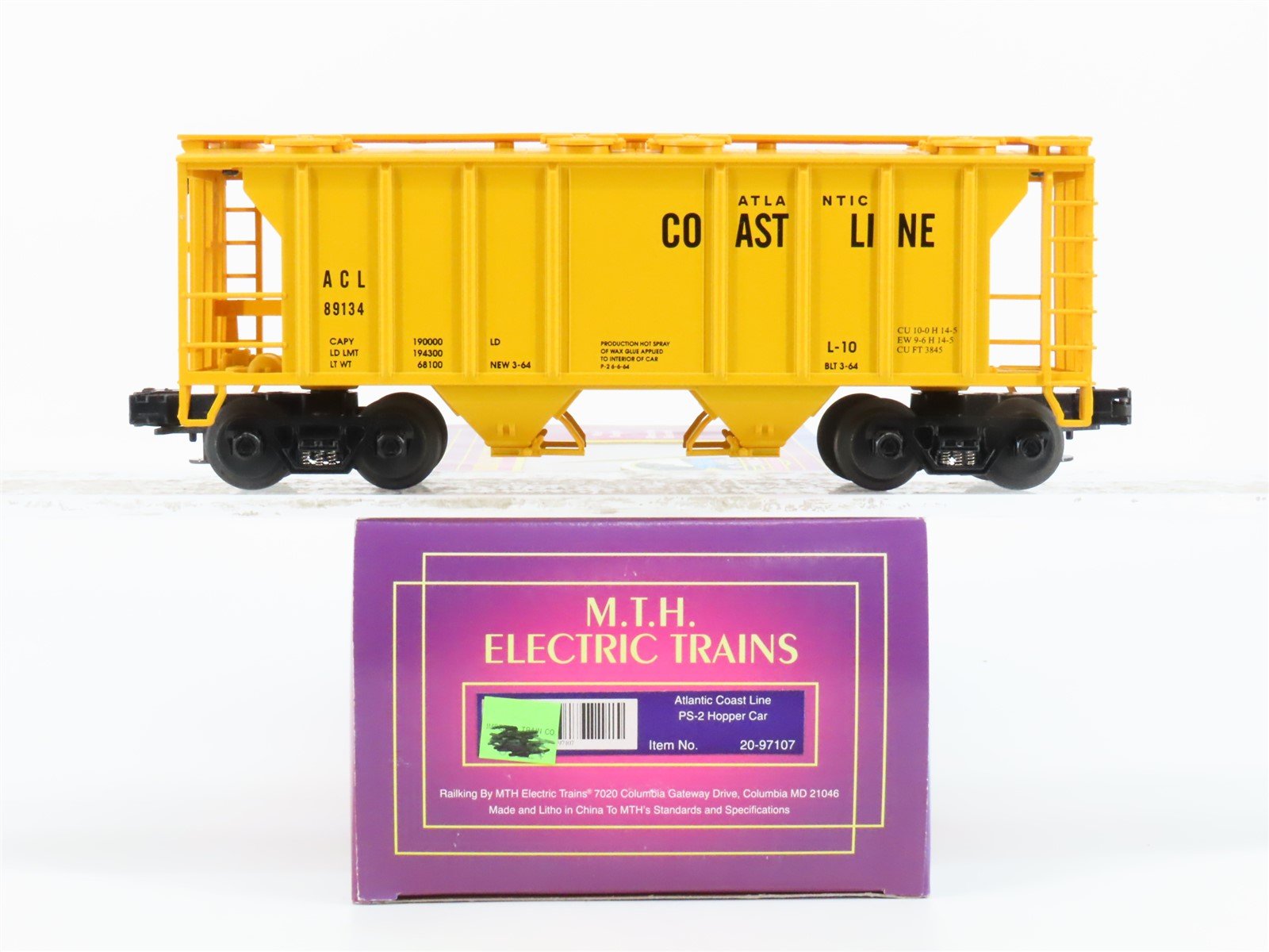 O Gauge 3-Rail MTH 20-97107 ACL Atlantic Coast Line 2-Bay Covered Hopper #89134