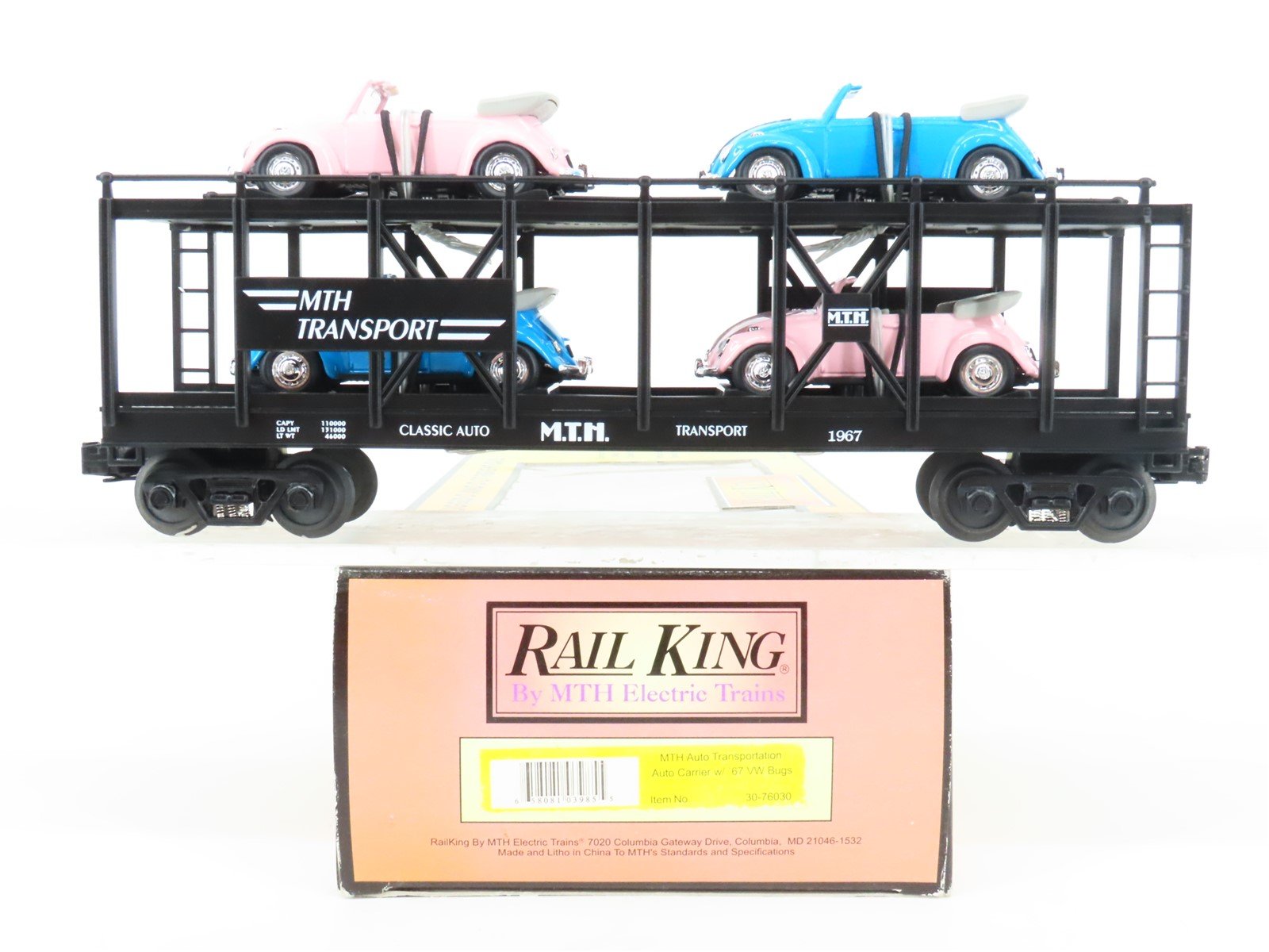 O Gauge 3-Rail Rail King MTH 30-76030 MTH Auto Transport Flat Car w/VW Bugs 1967