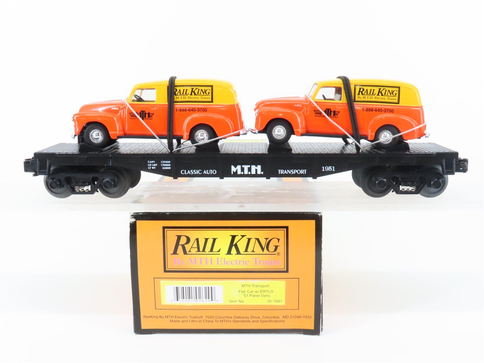 O Gauge 3-Rail Rail King MTH 30-7681 MTH Flat Car w/ '51 Panel Vans #1951
