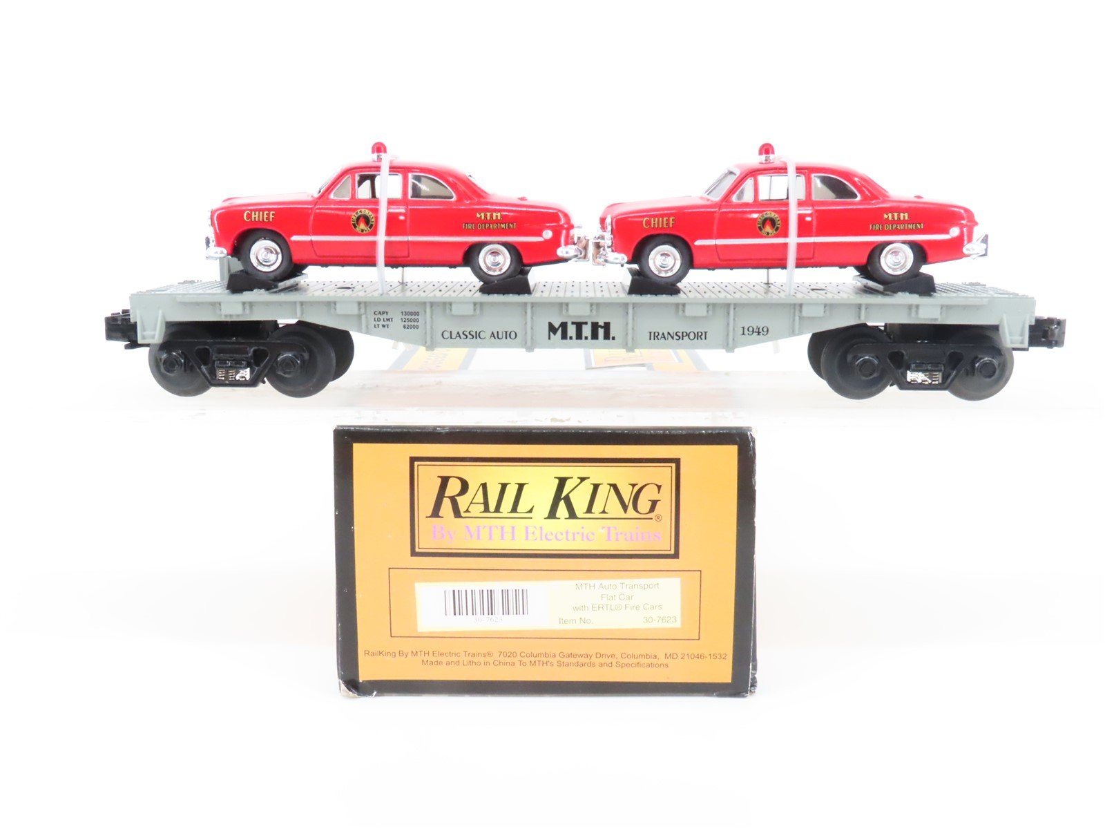 O Gauge 3-Rail Rail King MTH 30-7623 MTH Transport Flat Car w/ERTL Fire Cars