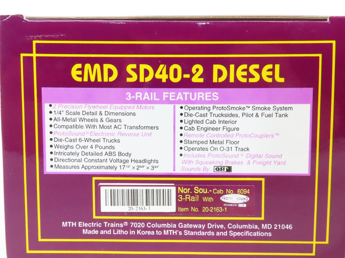 O Gauge 3-Rail MTH 20-2163-1 NS Norfolk Southern SD40-2 Diesel #6094 w/ Sound
