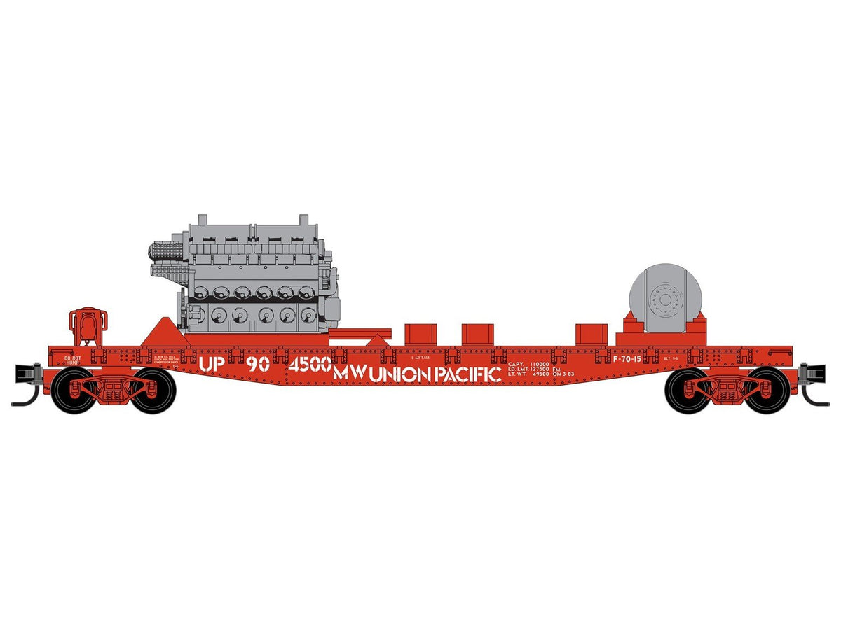 N Micro-Trains MTL 04500810 UP MoW 50&#39; Flat Car #904500 w/ EMD 645 Engine Load