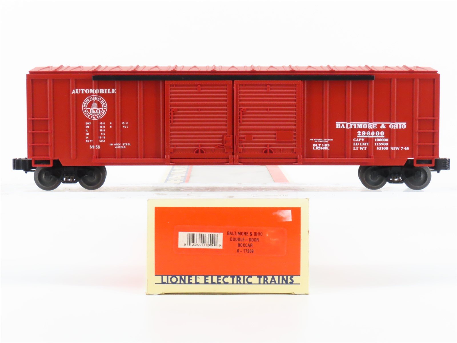 O Gauge 3-Rail Lionel 6-17209 B&O Baltimore & Ohio Double Door Boxcar #296000