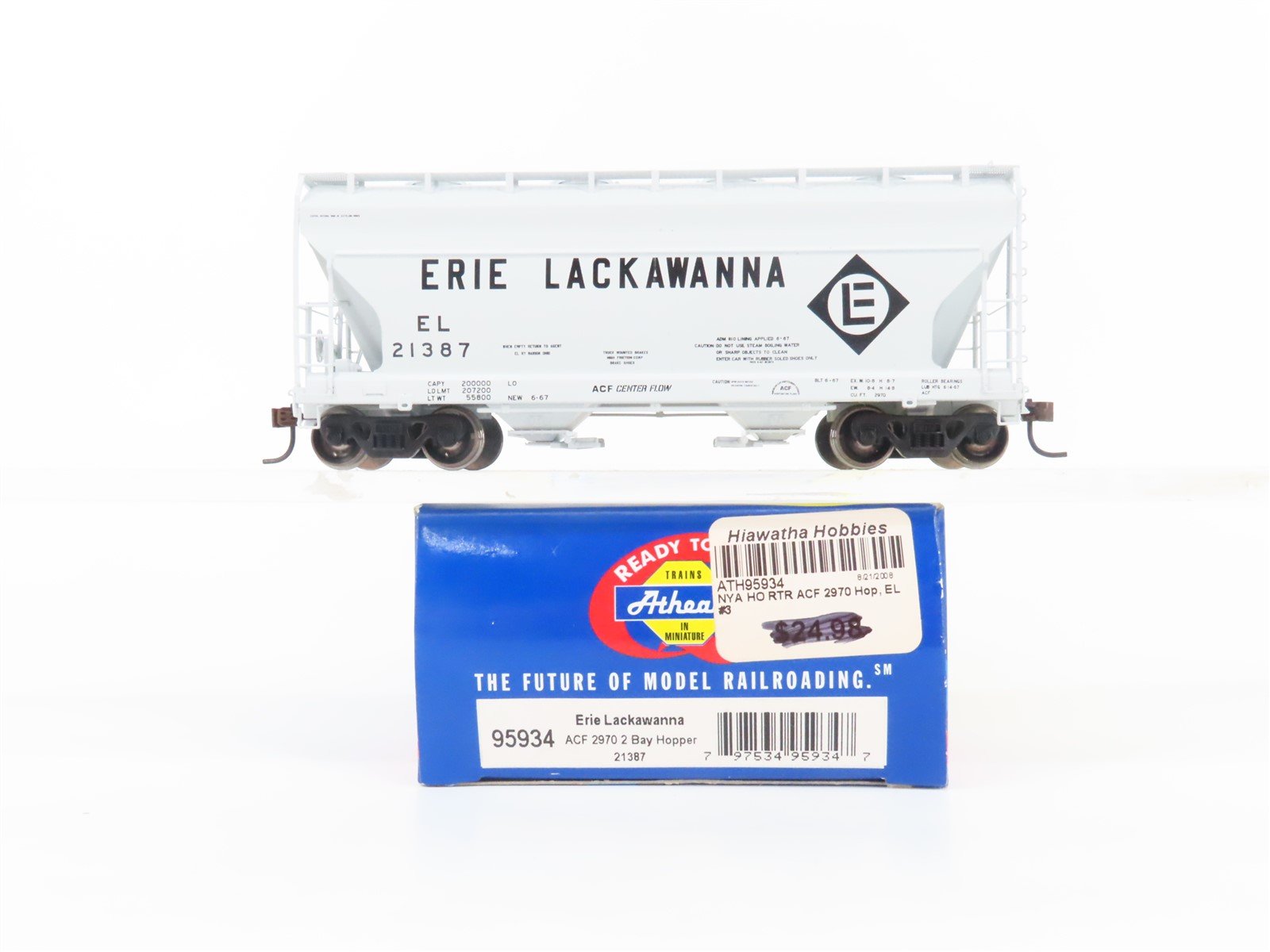 HO Scale Athearn 95934 EL Erie Lackawanna Railroad 2-Bay Covered Hopper #21387