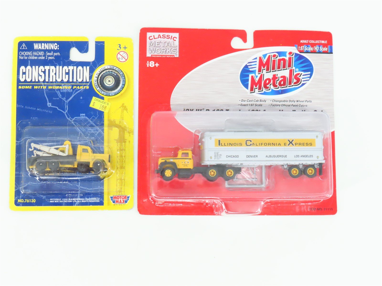 LOT of 2 HO 1/87 Scale Motor Max & CMW Mini Metals Tow Truck & Tractor Trailer