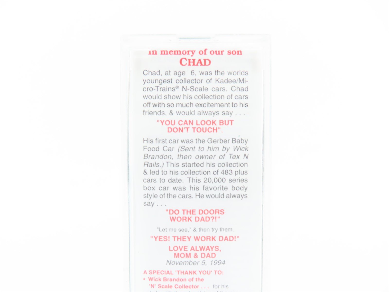 N Micro-Trains MTL Special Run CAS Shawnee Chad Andrew Shaw Memorial Boxcar 86