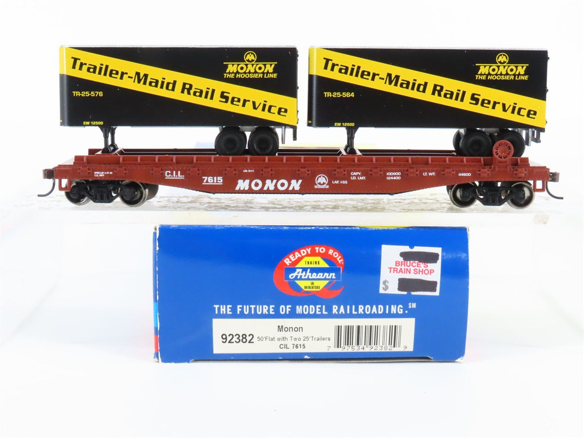 HO Scale Athearn 92382 CIL Monon 50&#39; Flatcar #7615 w/2 25&#39; Monon Trailers