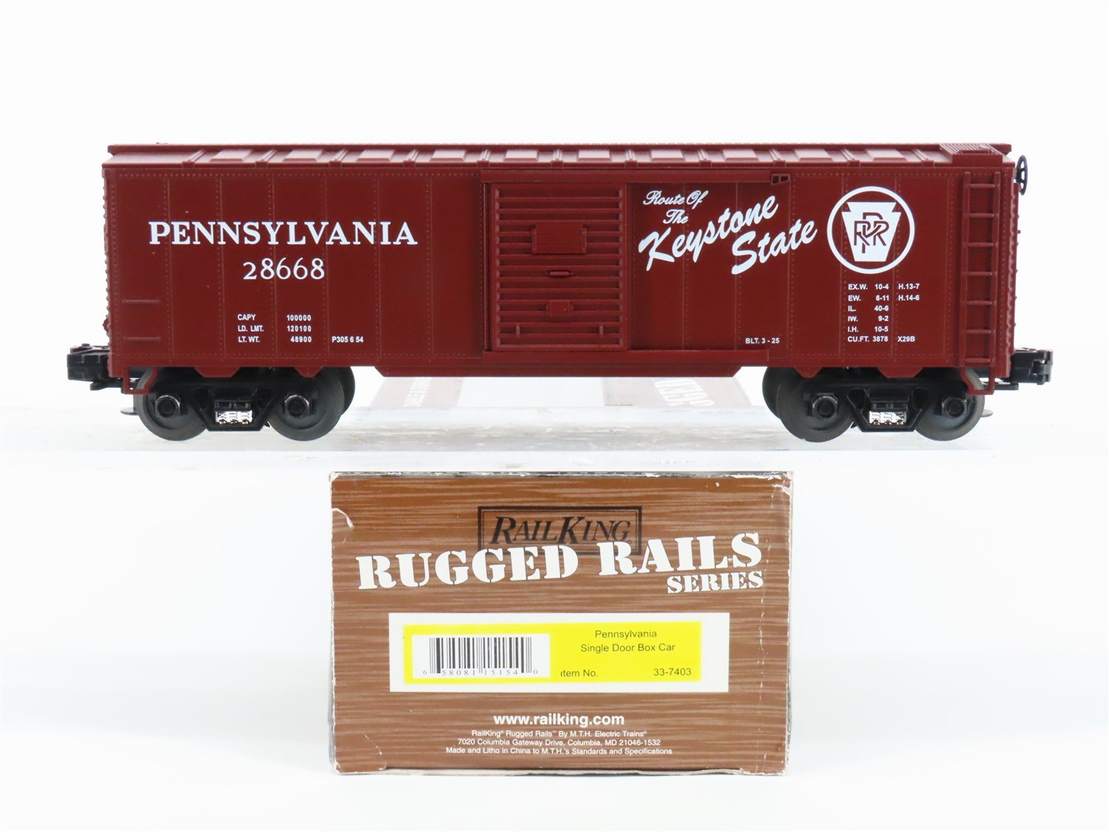 O Gauge 3-Rail MTH Rugged Rails 33-7403 PRR Keystone State Boxcar #28668