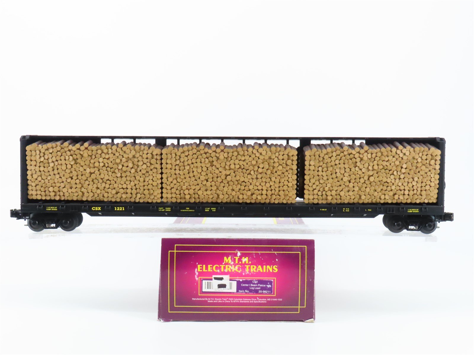 O Gauge 3-Rail MTH 20-98211 CSX Railroad Center I Beam Flatcar #1221 w/ Log Load