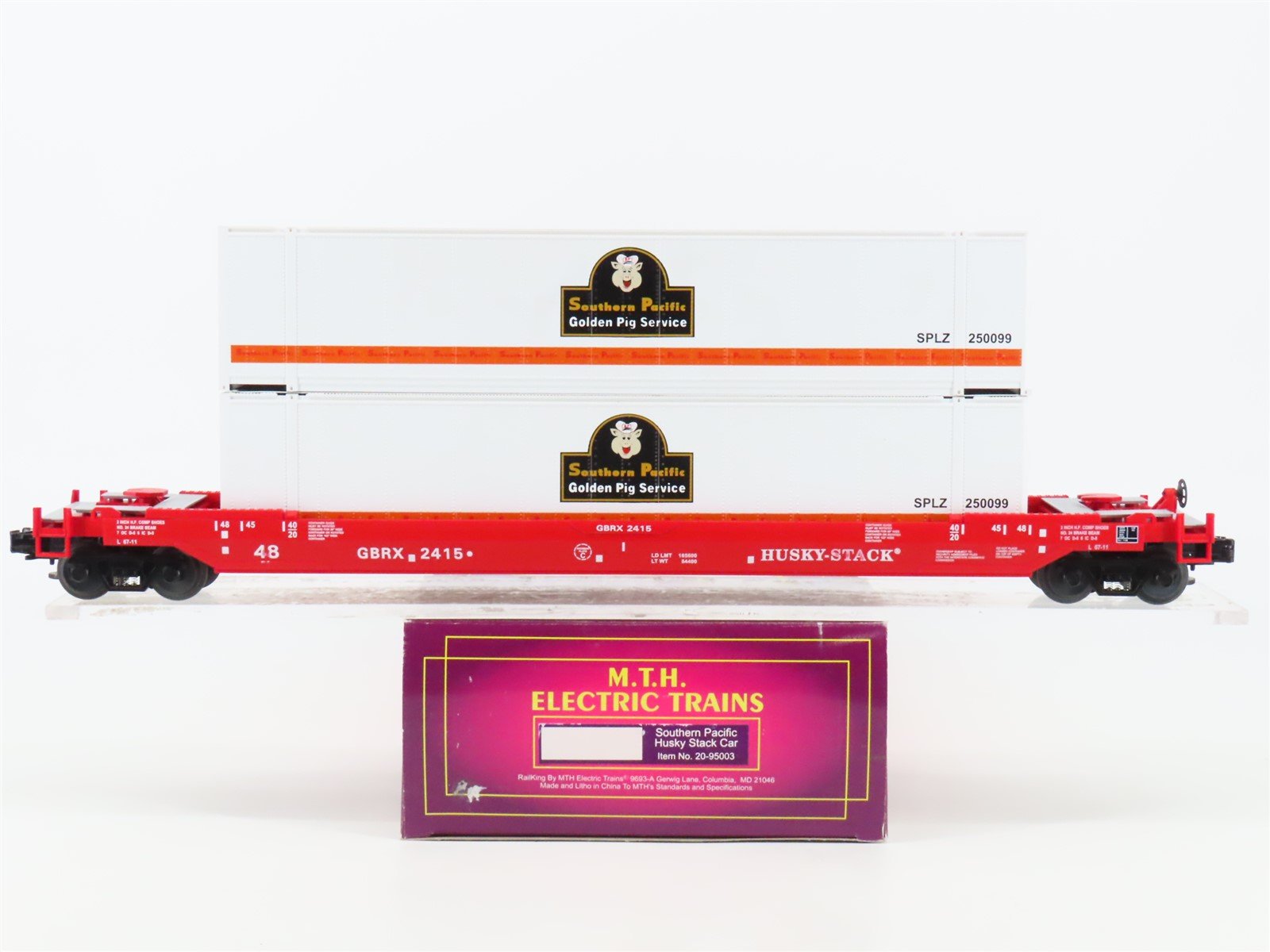 O 3-Rail MTH 20-95003 SP Husky Stack Car #2415 w/ Golden Pig Service Containers