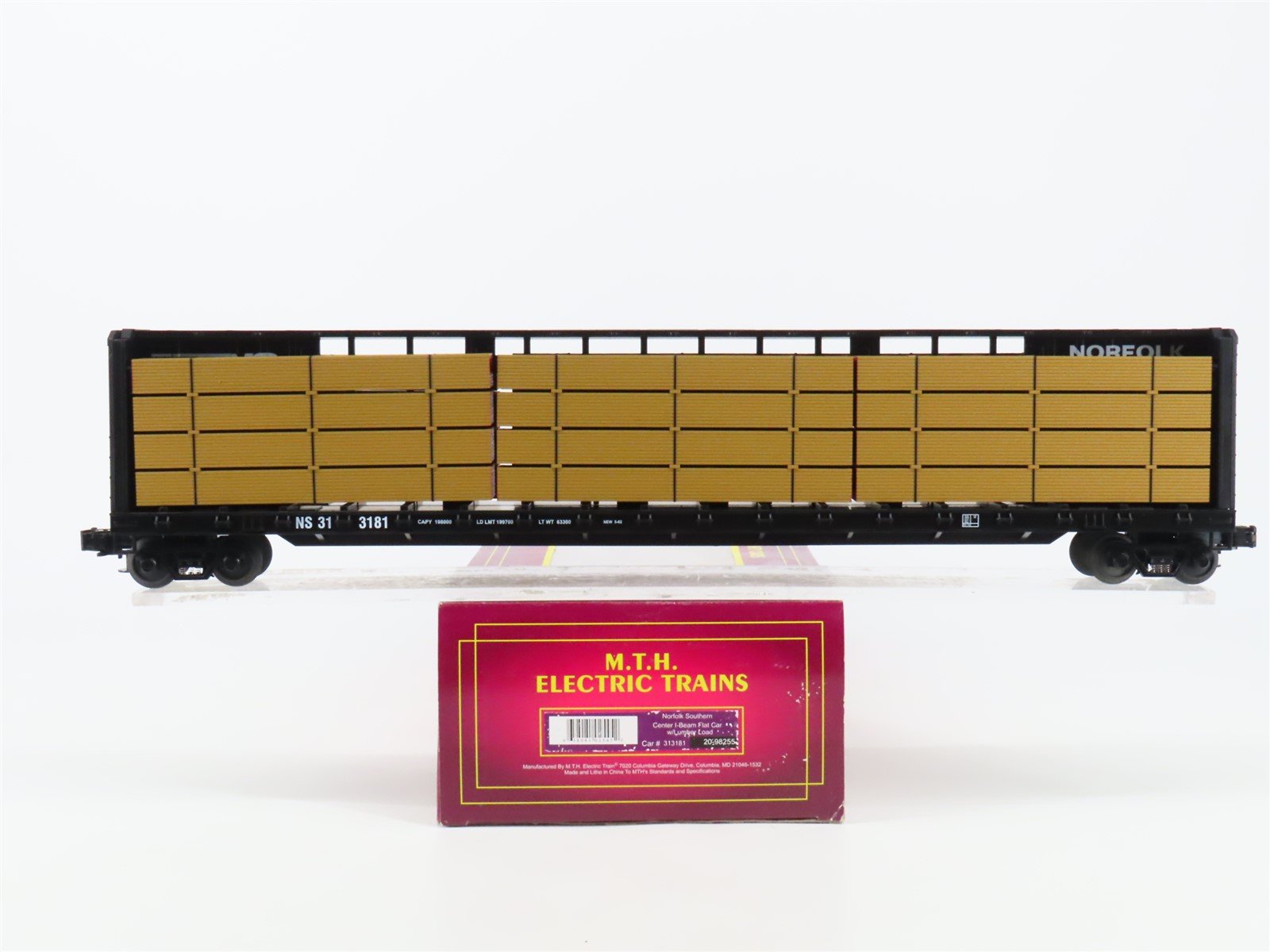 O Gauge 3-Rail MTH 20-98255 NS Norfolk Southern Center I Beam Flatcar #313181