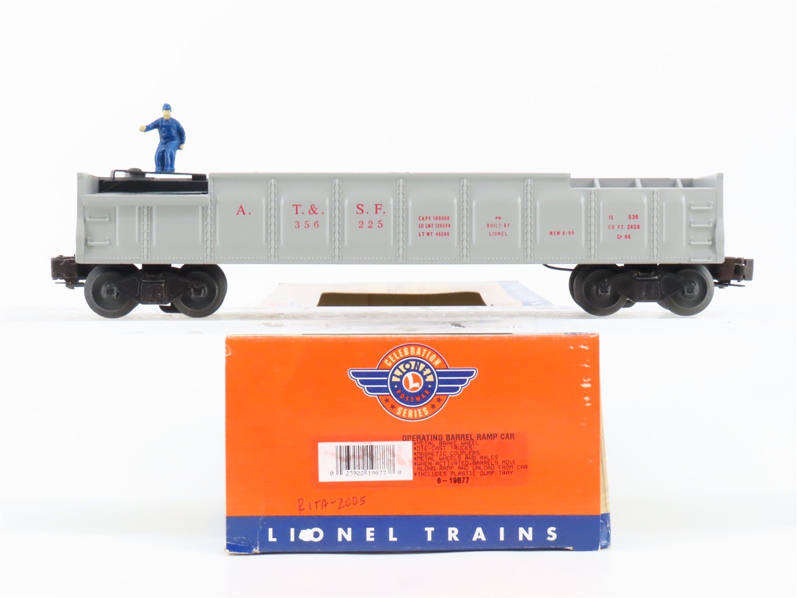 O Gauge 3-Rail Lionel 6-19877 ATSF Santa Fe Operating Barrel Ramp Car #356225