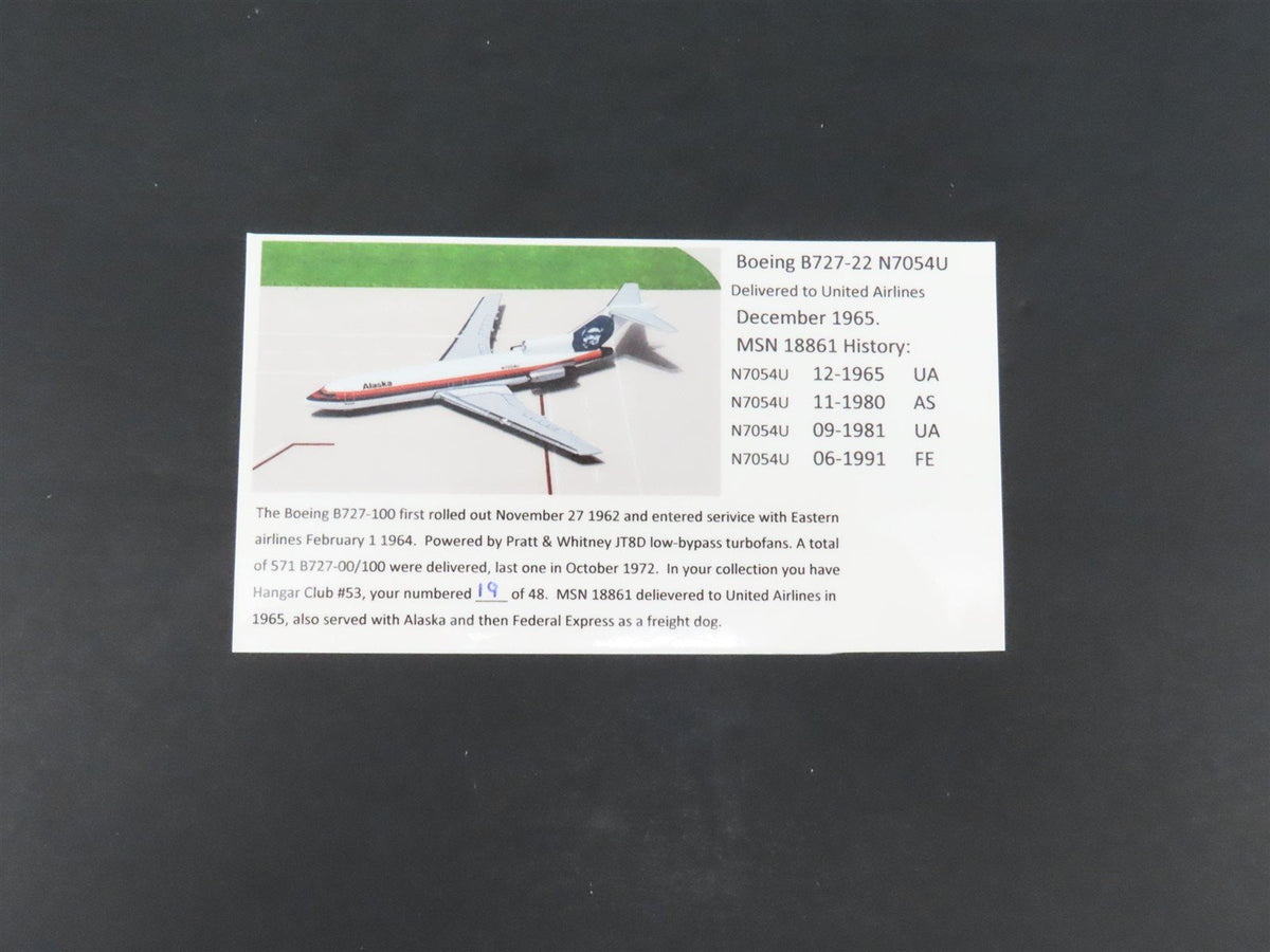 1:400 Aero Classics Hangar Club DieCast Alaska Airlines B727-100 Airliner N7054U