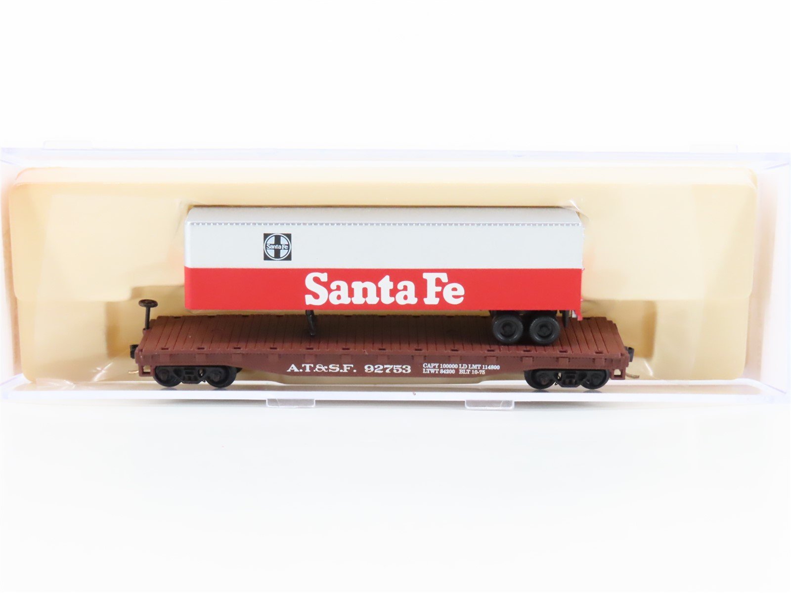 N Scale Atlas 37751 ATSF Santa Fe Piggy Back Flat Car #92753 w/ 40' Trailer