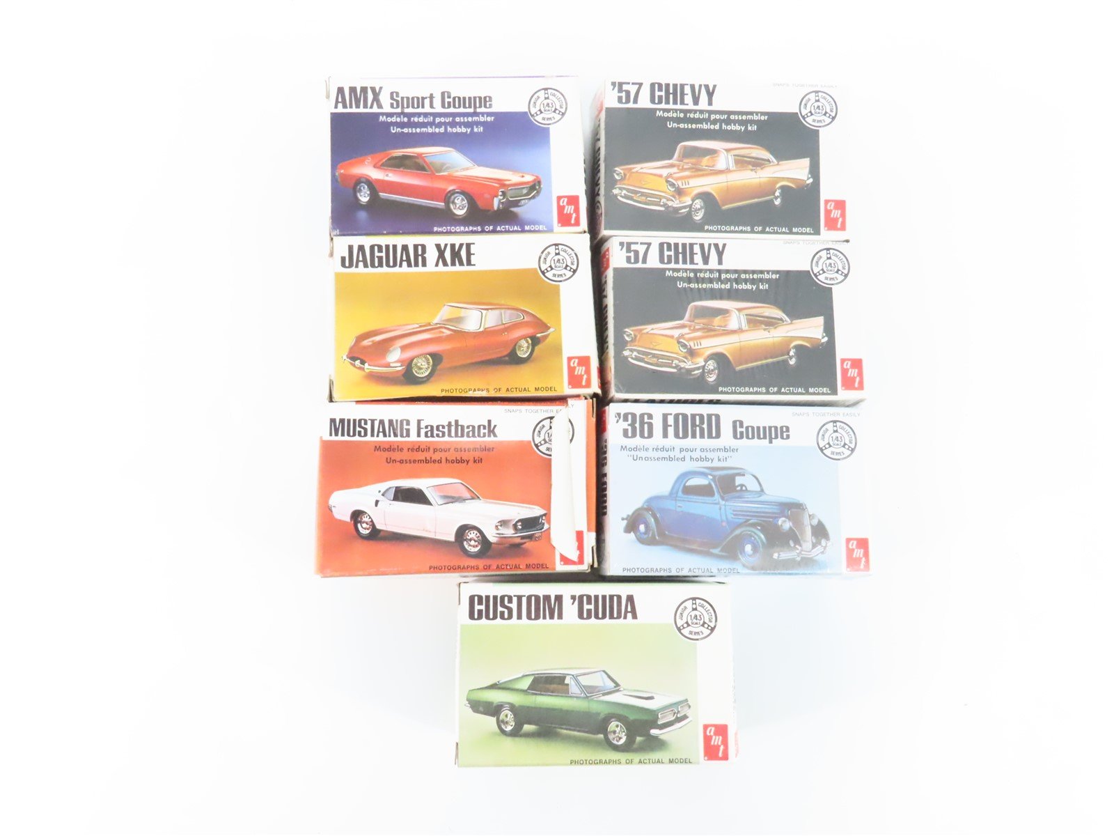 LOT of 7 1:43 Scale AMT Mustang, 57' Chevy, 36' Ford, AMX & Jaguar Car Kits