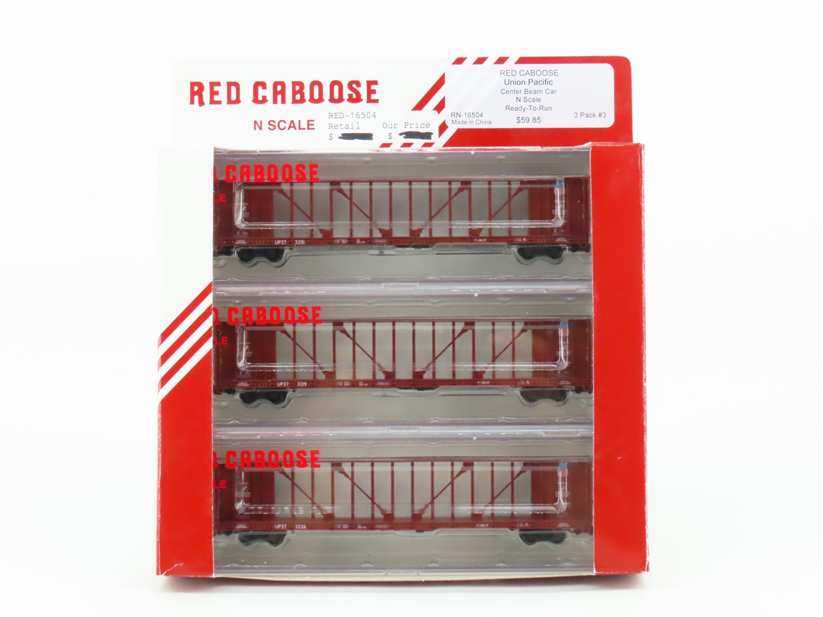 N Red Caboose RN-16504 #3 UP Union Pacific Centerbeam Flat Car 3-Pack